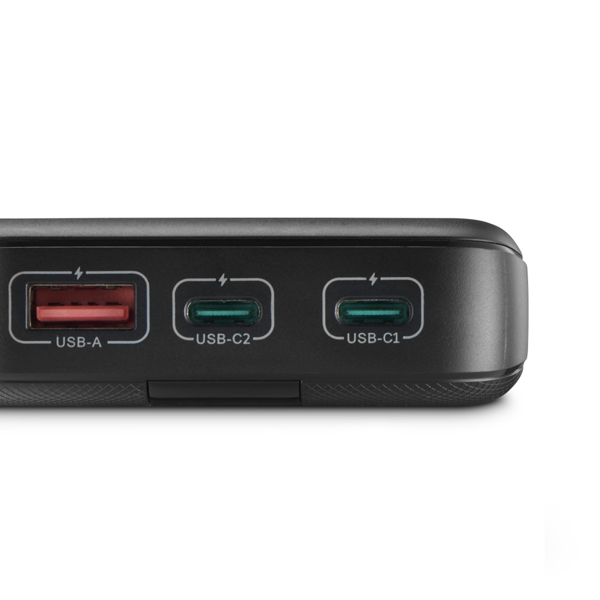 Caricatore nero con una porta USB-A rossa e due porte USB-C verdi.