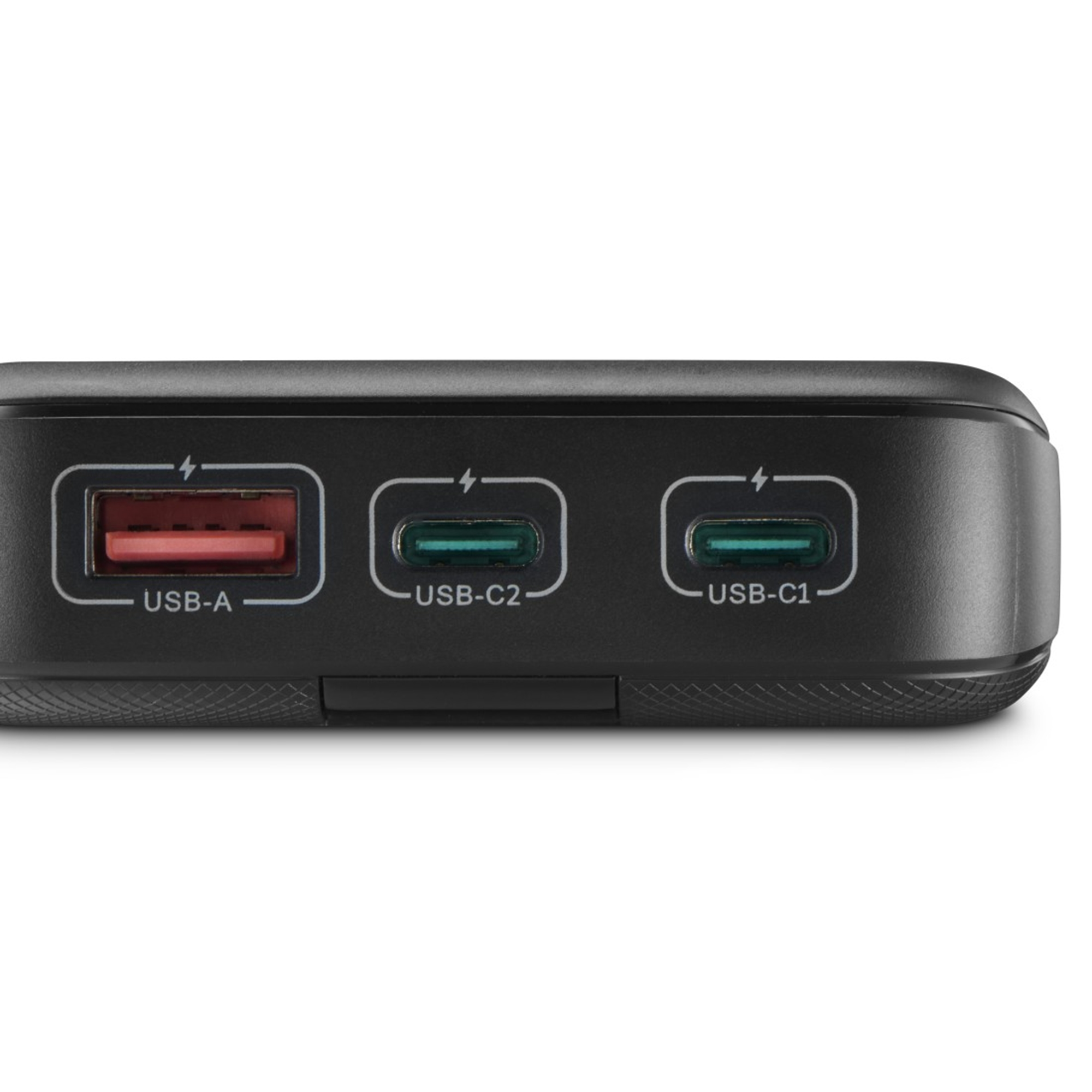 Caricabatterie nero con una porta USB-A rossa e due porte USB-C verdi.