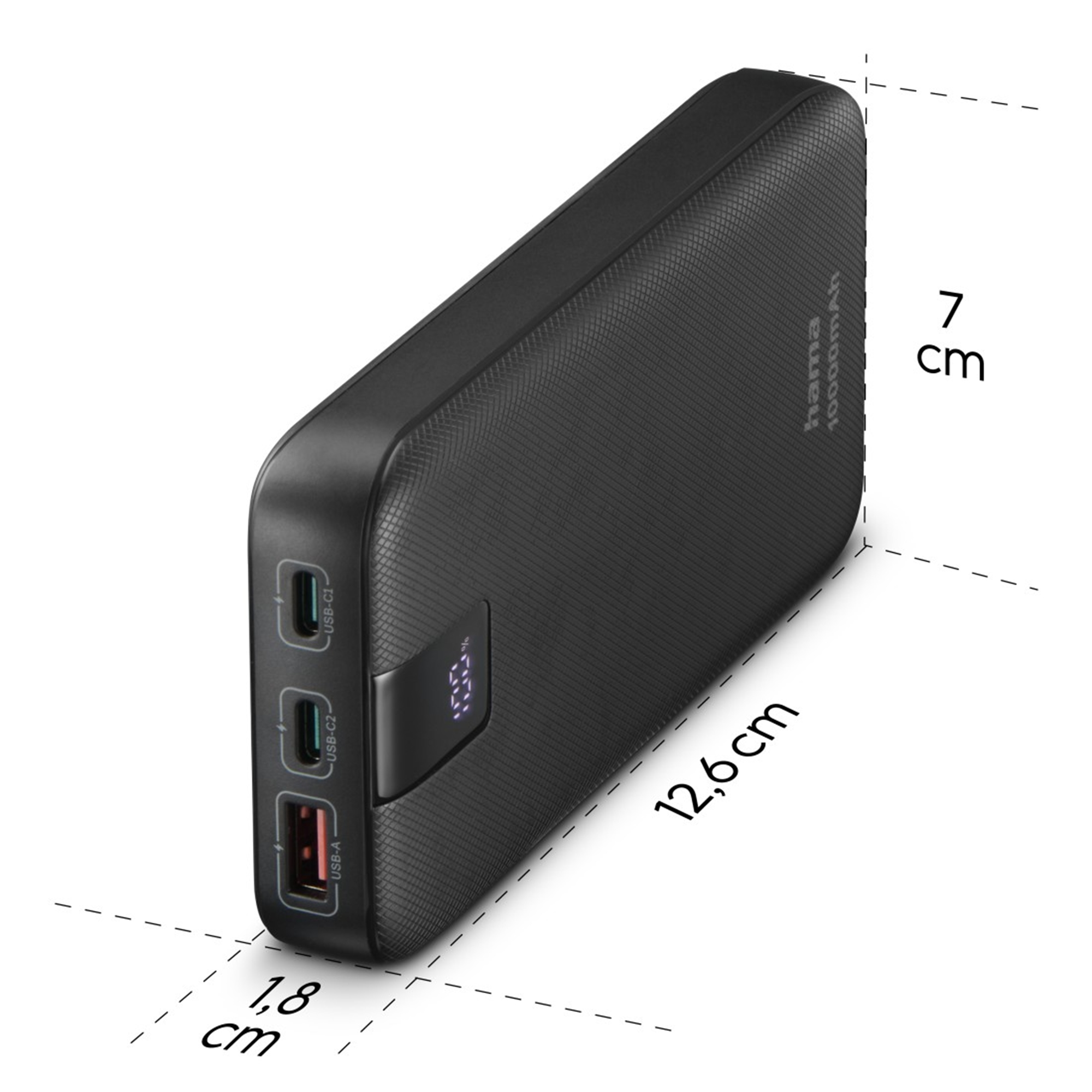 Power bank Hama nera 10000mAh con USB-A, 2 porte USB-C. Dimensioni 12,6x7x1,8cm.