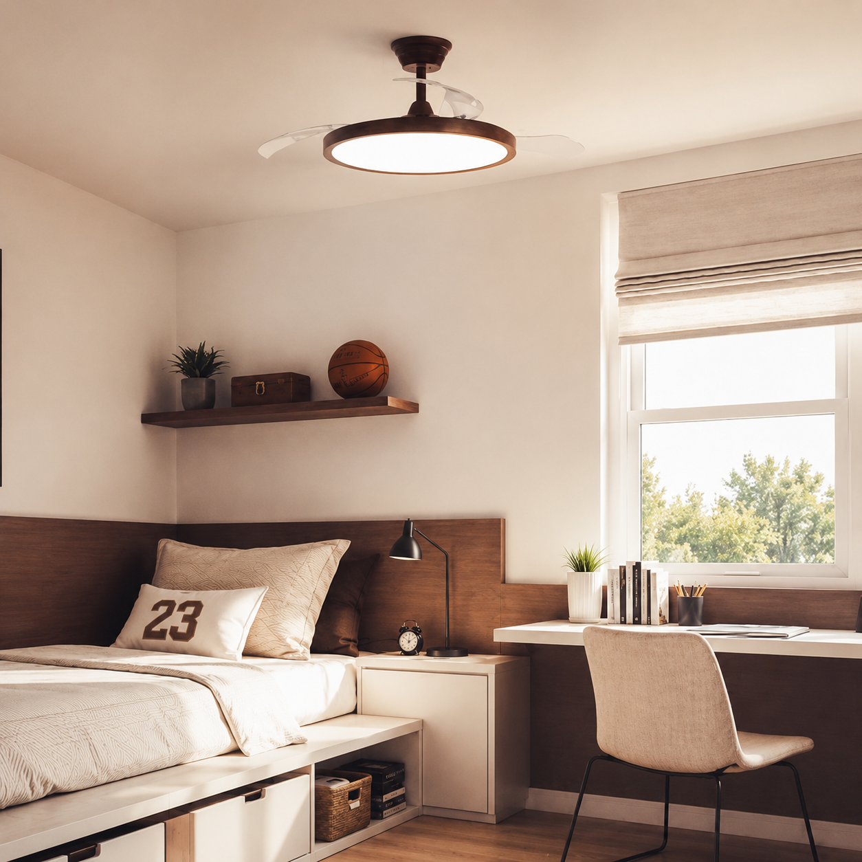 Un dormitorio con cama, escritorio y ventana. Se instala un ventilador de techo con luz.