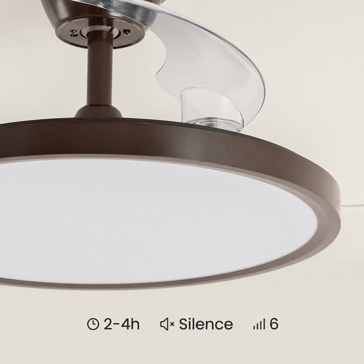 Ventilador de techo marrón con luz LED. Temporizador 2-4h, nivel de sonido: silencio, fuerza: 6.