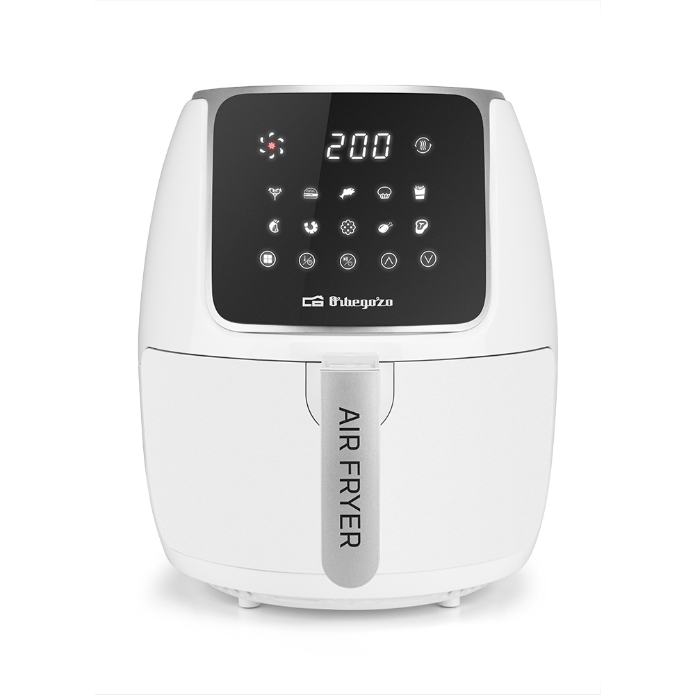 Friggitrice ad aria bianca con display digitale che mostra 200°C.