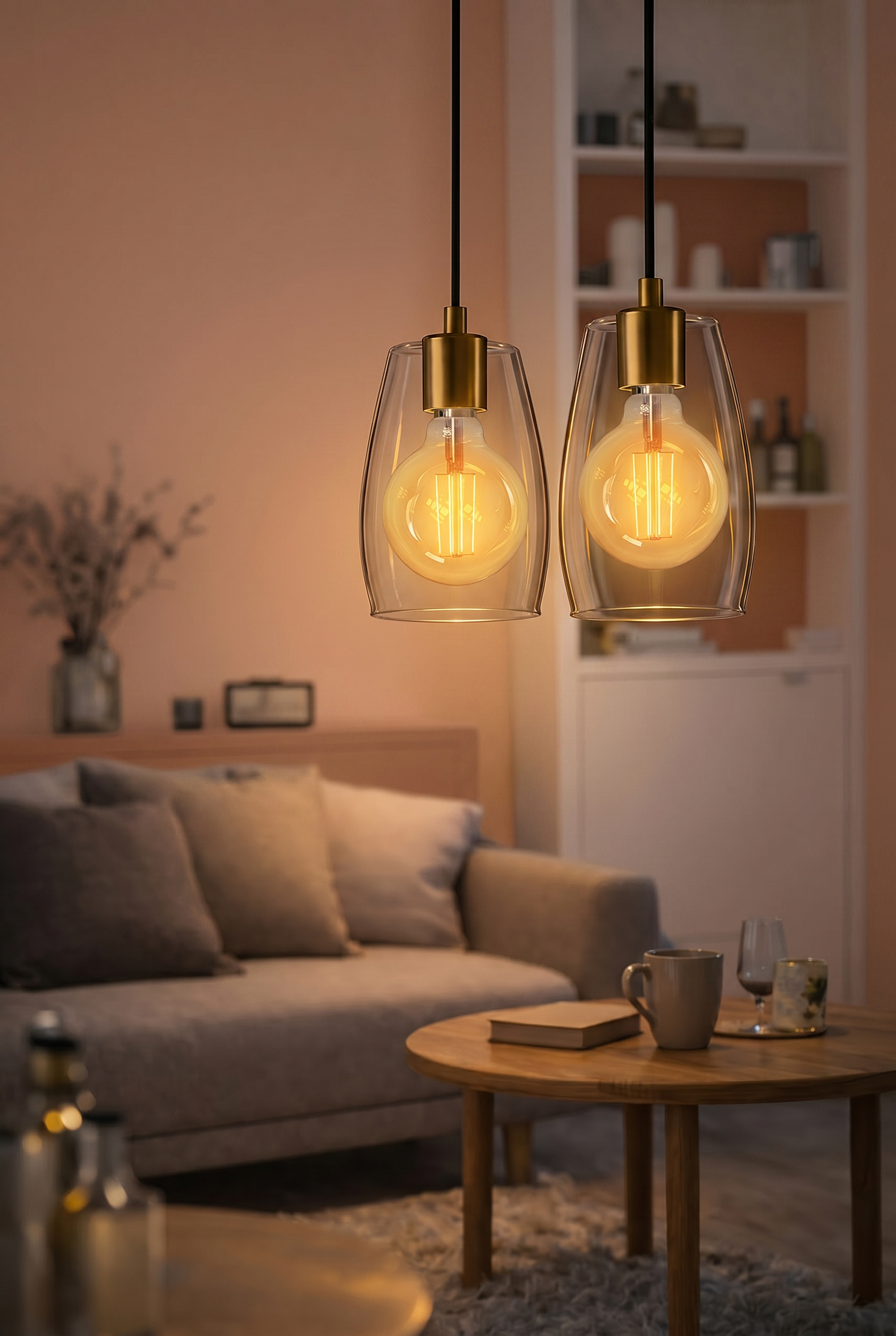 Zwei Glaskaraffen-Lampen mit Glühbirnen hängen über einem Sofa und einem Couchtisch.