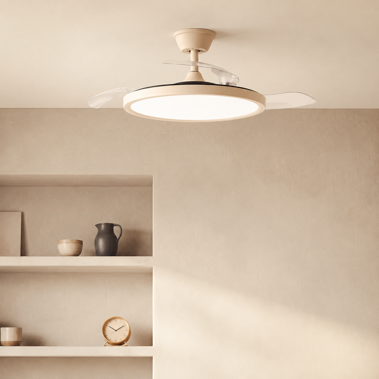 Ventilador de techo con luz sobre estantes con jarrones y reloj.