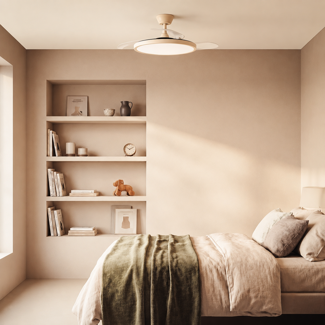Dormitorio beige con cama, estantes y ventilador de techo.