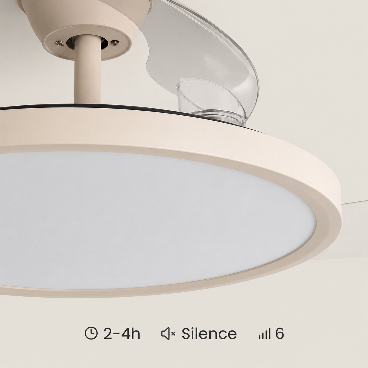 Lámpara de techo moderna con ventilador, color crema, con iluminación LED.