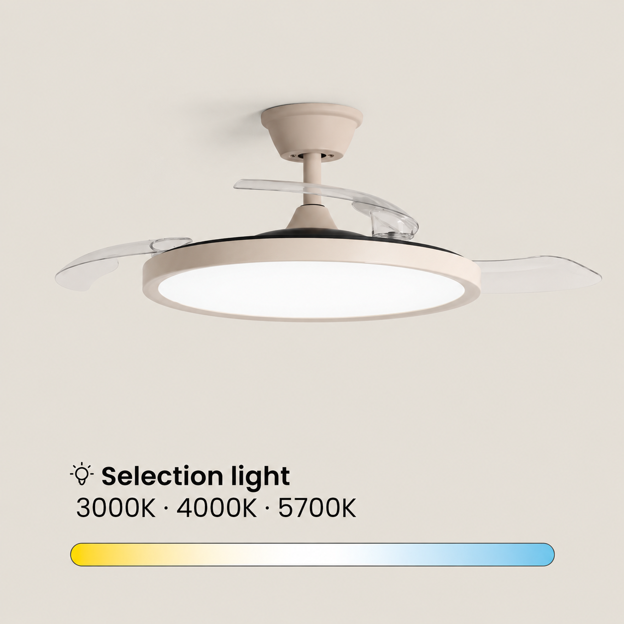 Un ventilador de techo brillante con aspas retráctiles e iluminación LED integrada.