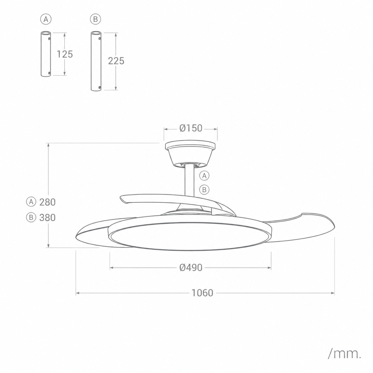 Dibujo técnico de un ventilador de techo con medidas para tubos, diámetro y longitud.