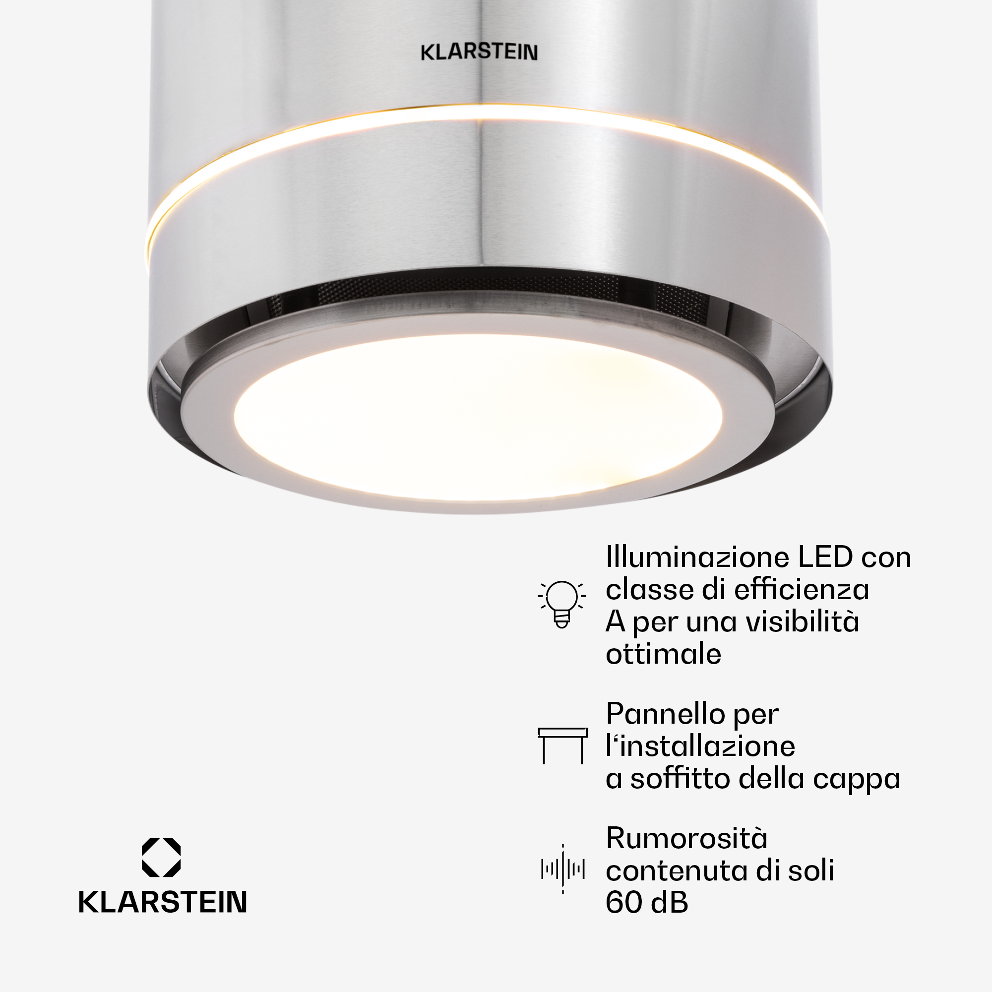 Edelstahl Dunstabzugshaube mit LED-Beleuchtung und 60 dB Geräuschpegel.