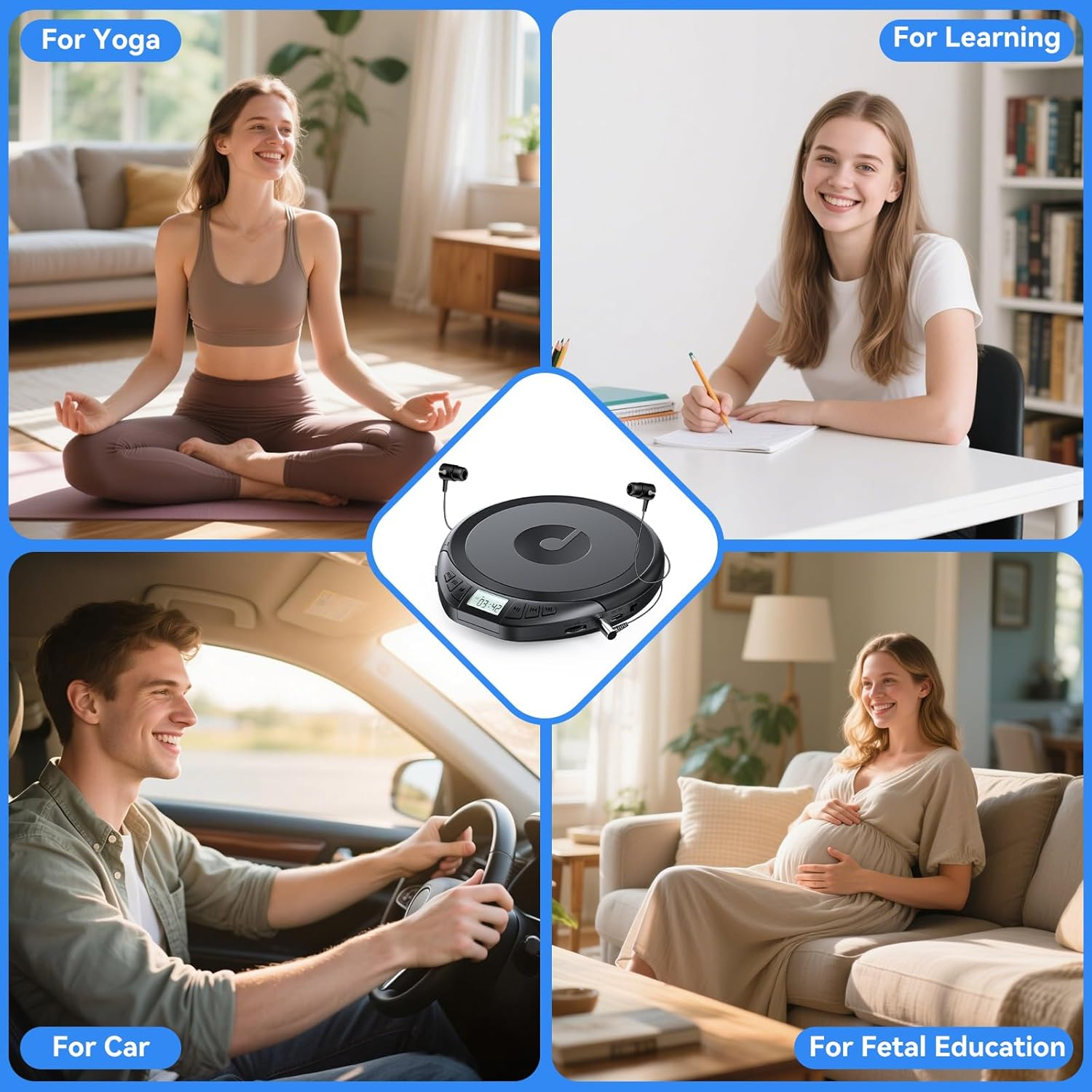 Frau in Yoga-Pose, lernende Person, Mann im Auto, schwangere Frau auf Sofa.