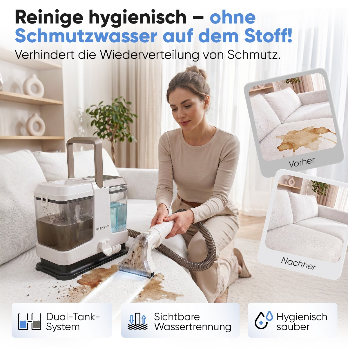Frau reinigt Sofa mit Gerät, das Schmutz und Wasser trennt. Vorher/Nachher-Bilder.