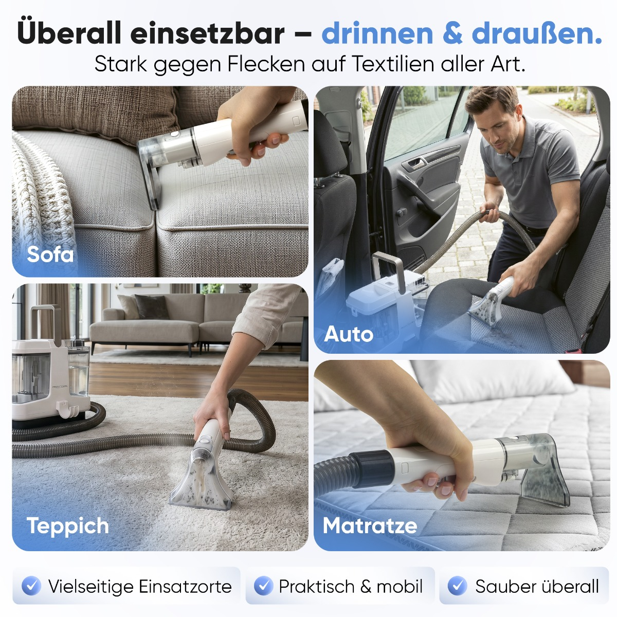 Vier Bilder zeigen die Vielseitigkeit eines Reinigers für Sofa, Auto, Teppich und Matratze.