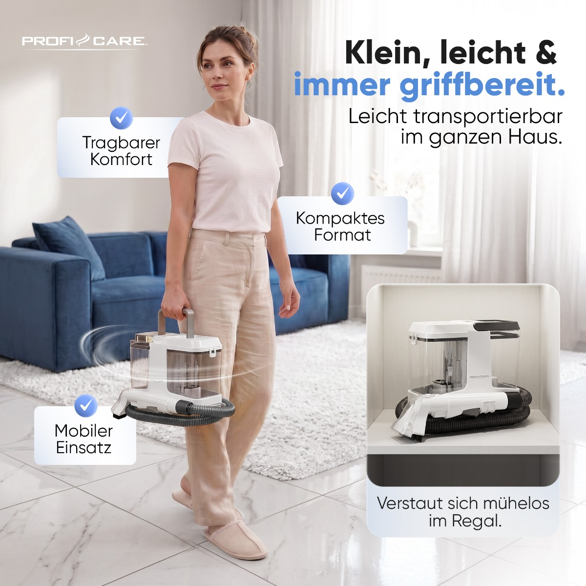 Frau hält einen kleinen weißen Staubsauger; Text auf Deutsch.