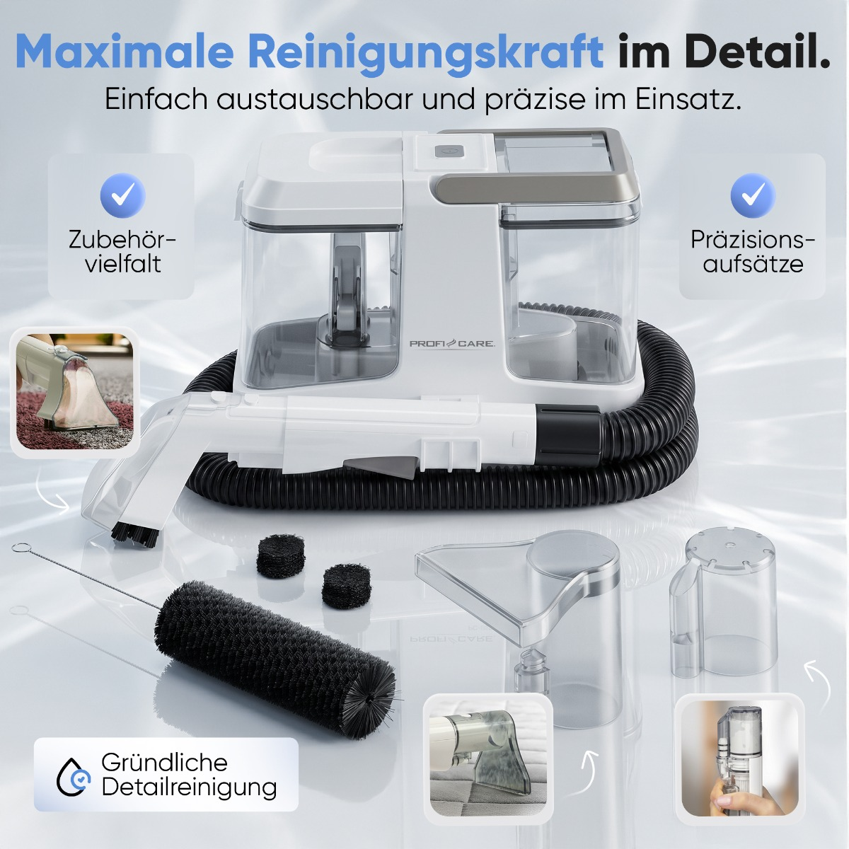 Ein Reinigungsgerät mit Zubehör und Aufsätzen für Detailreinigung.
