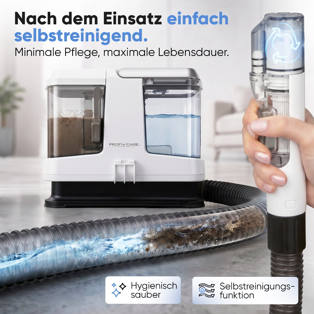 Ein selbstreinigendes Gerät mit zwei Behältern und einem Schlauch.