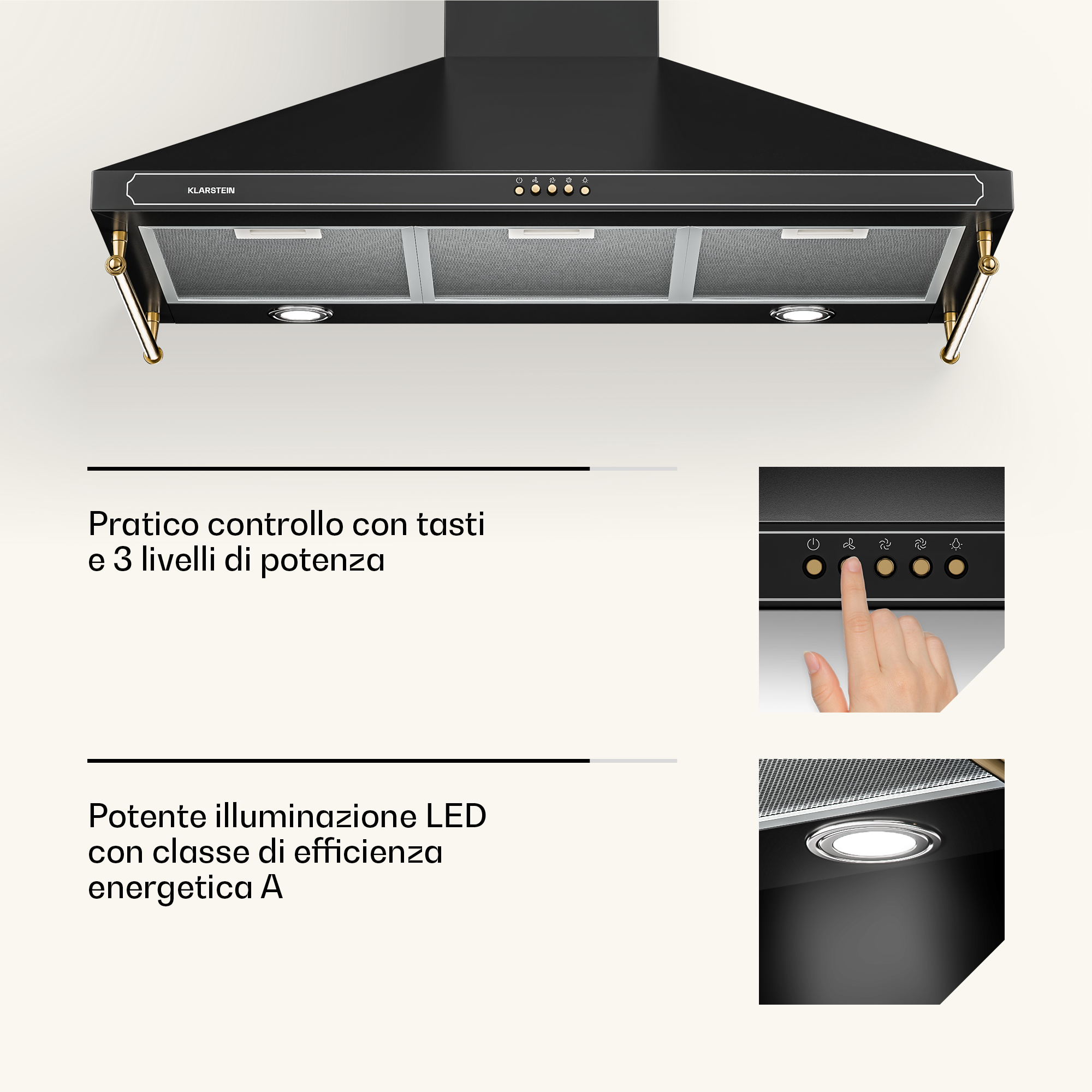 Schwarze Dunstabzugshaube mit Touch-Bedienfeld und LED-Beleuchtung.