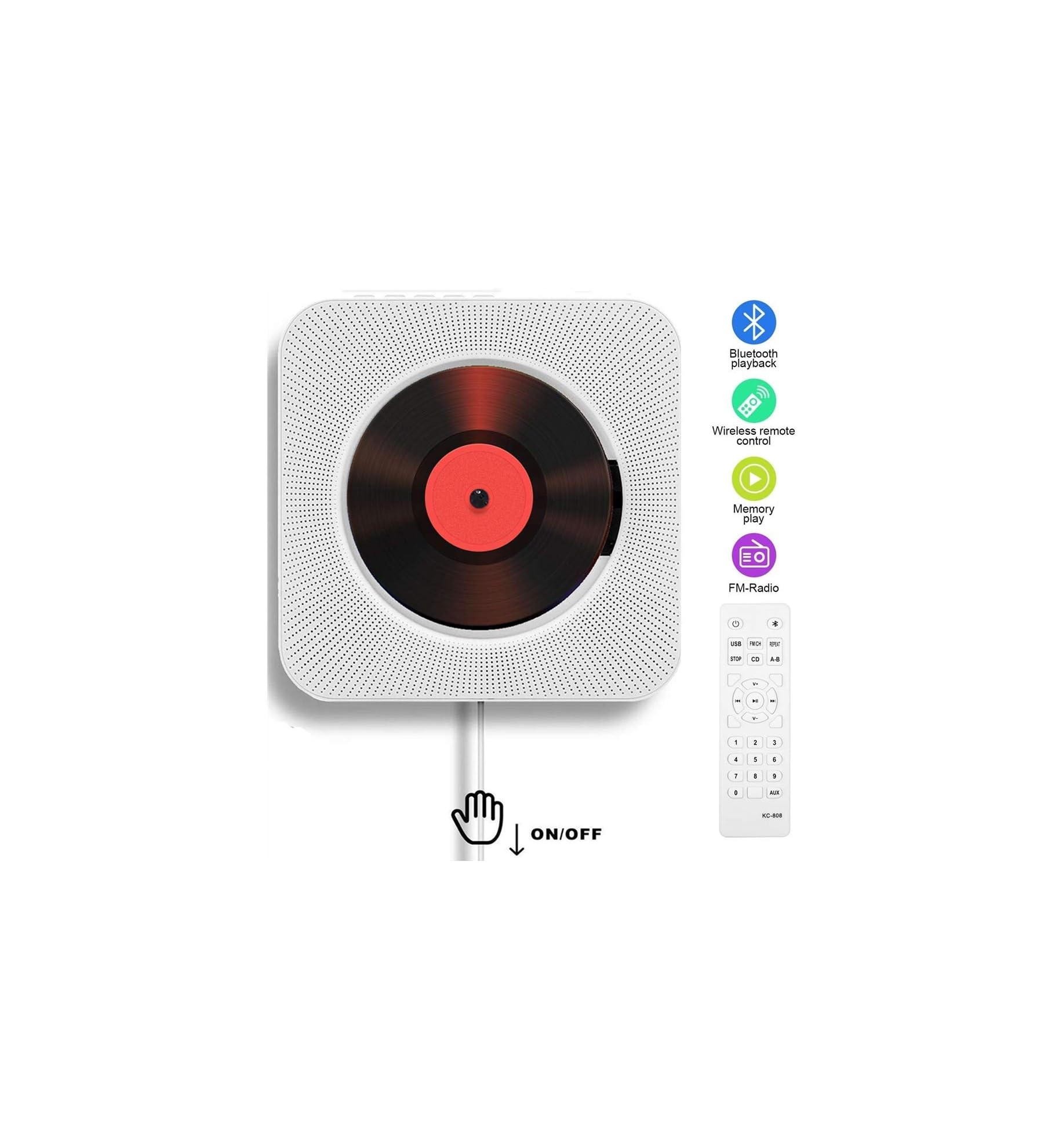 Ein weißer CD-Player mit Schallplatte und Fernbedienung. Bietet Bluetooth, UKW-Radio.
