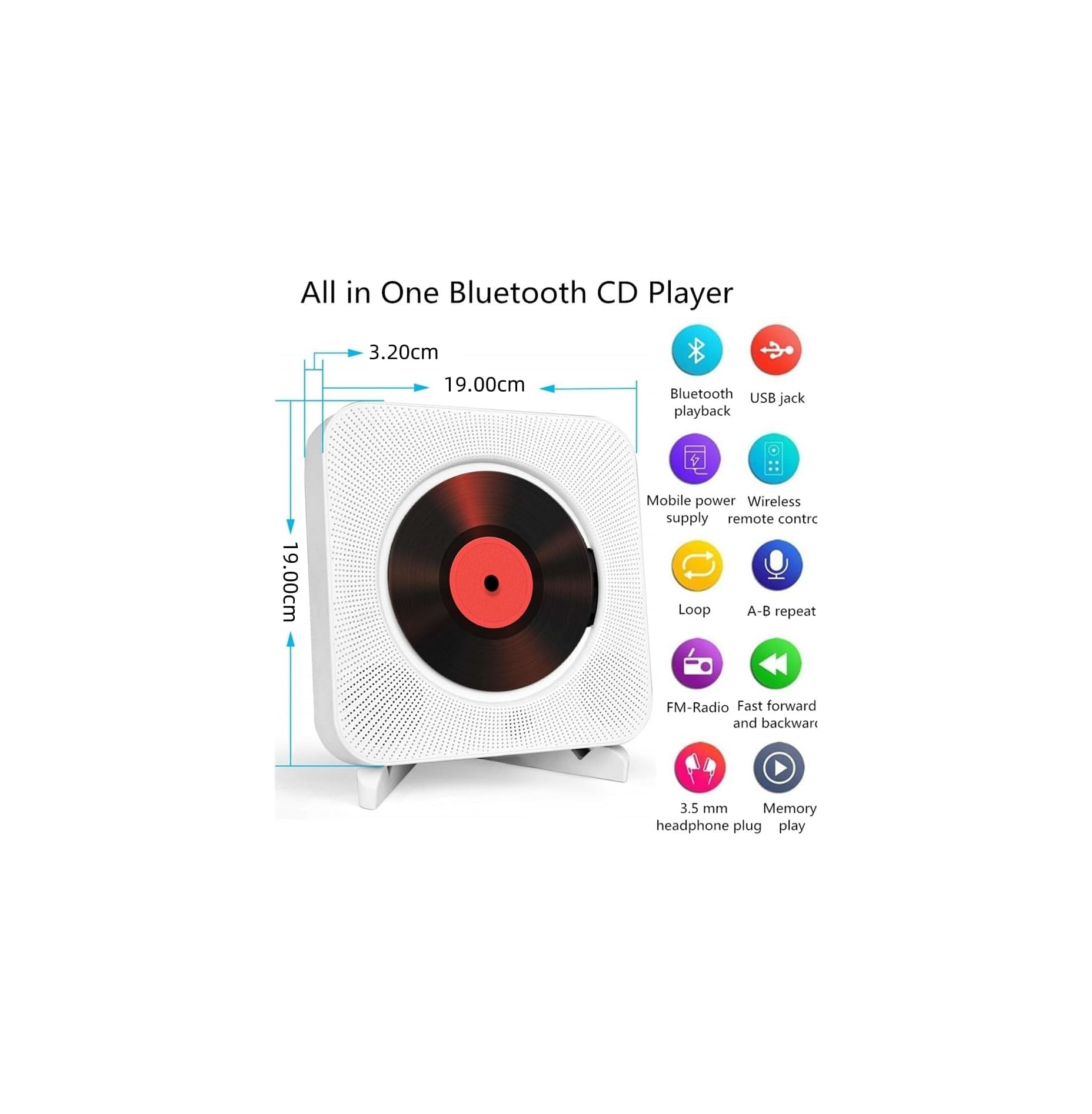 Ein weißer Bluetooth CD-Player mit Vinyl-Optik und verschiedenen Symbolen für Funktionen.