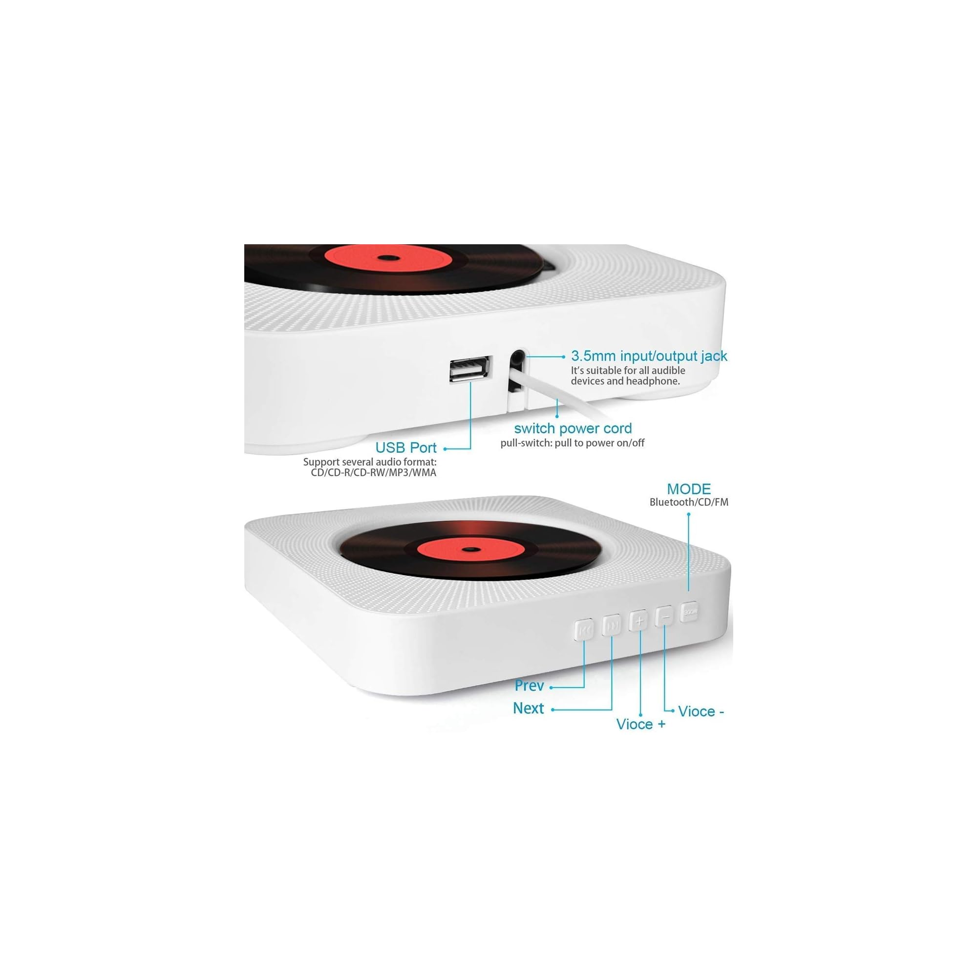 Weißer CD-Player mit USB, Aux, Lautstärke und Modus-Tasten. Ein CD-Disc ist sichtbar.