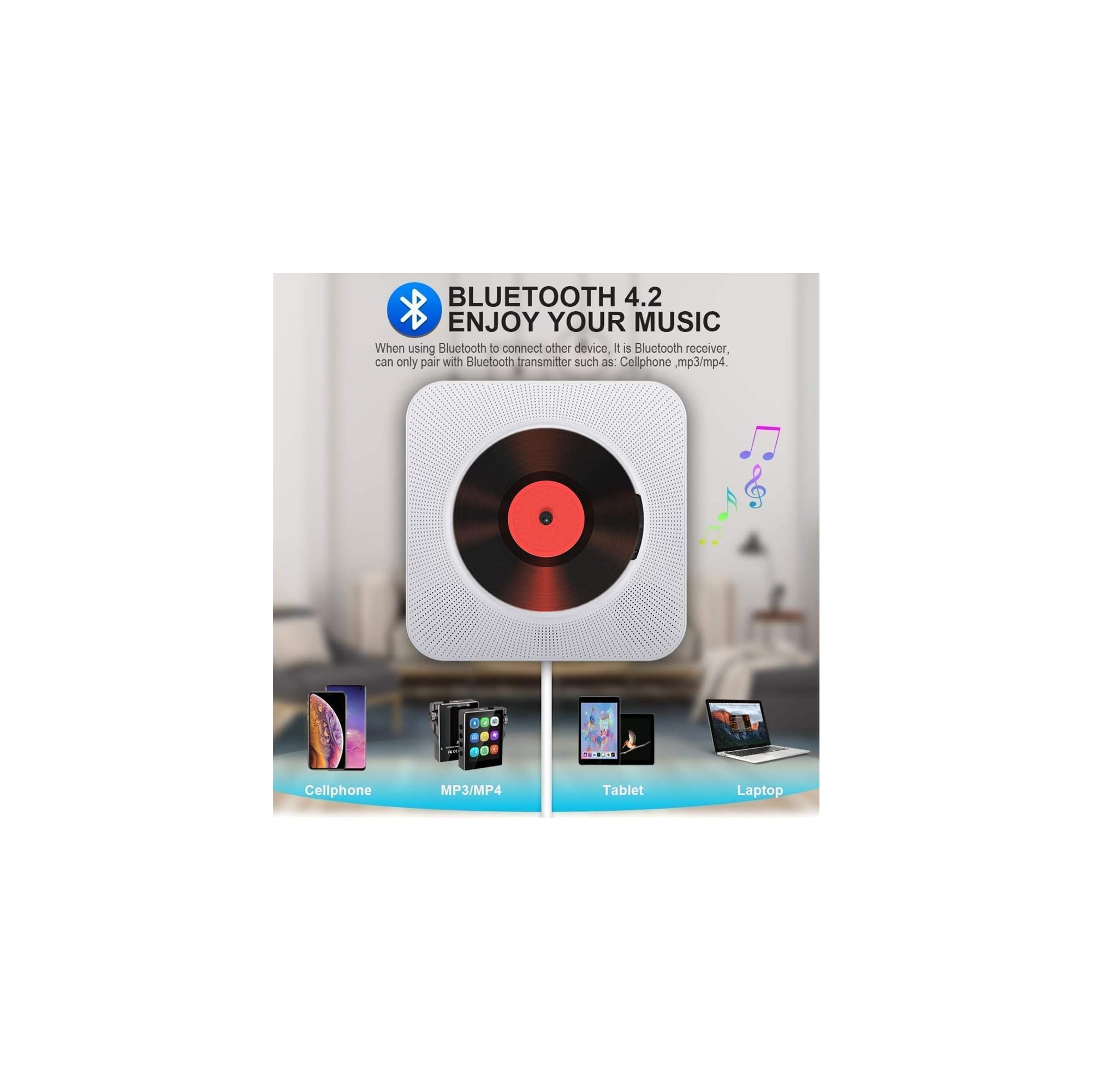 Ein weißer Bluetooth-CD-Player mit Vinyl-Optik, daneben Handys, MP3-Player, Tablets und Laptops.
