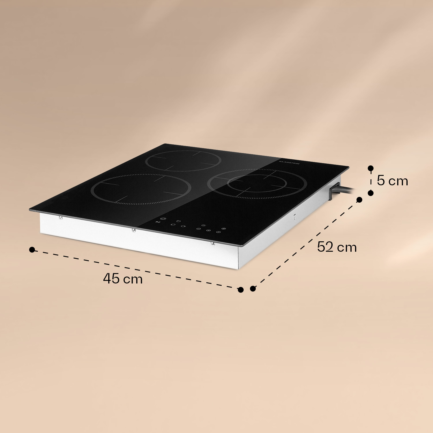 Un piano cottura a induzione nero con quattro zone di cottura e dimensioni.
