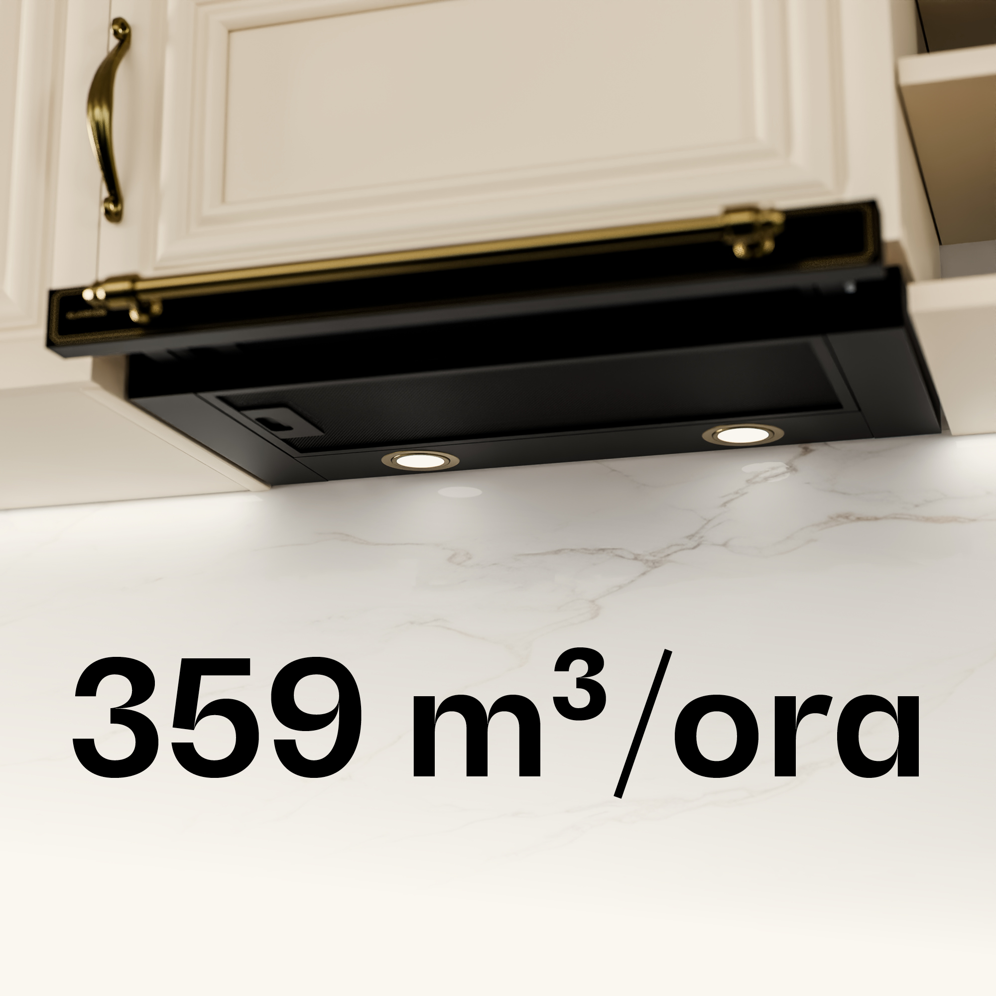 Una cappa aspirante nera con luci sopra un piano di lavoro in marmo. 359 m³/h.