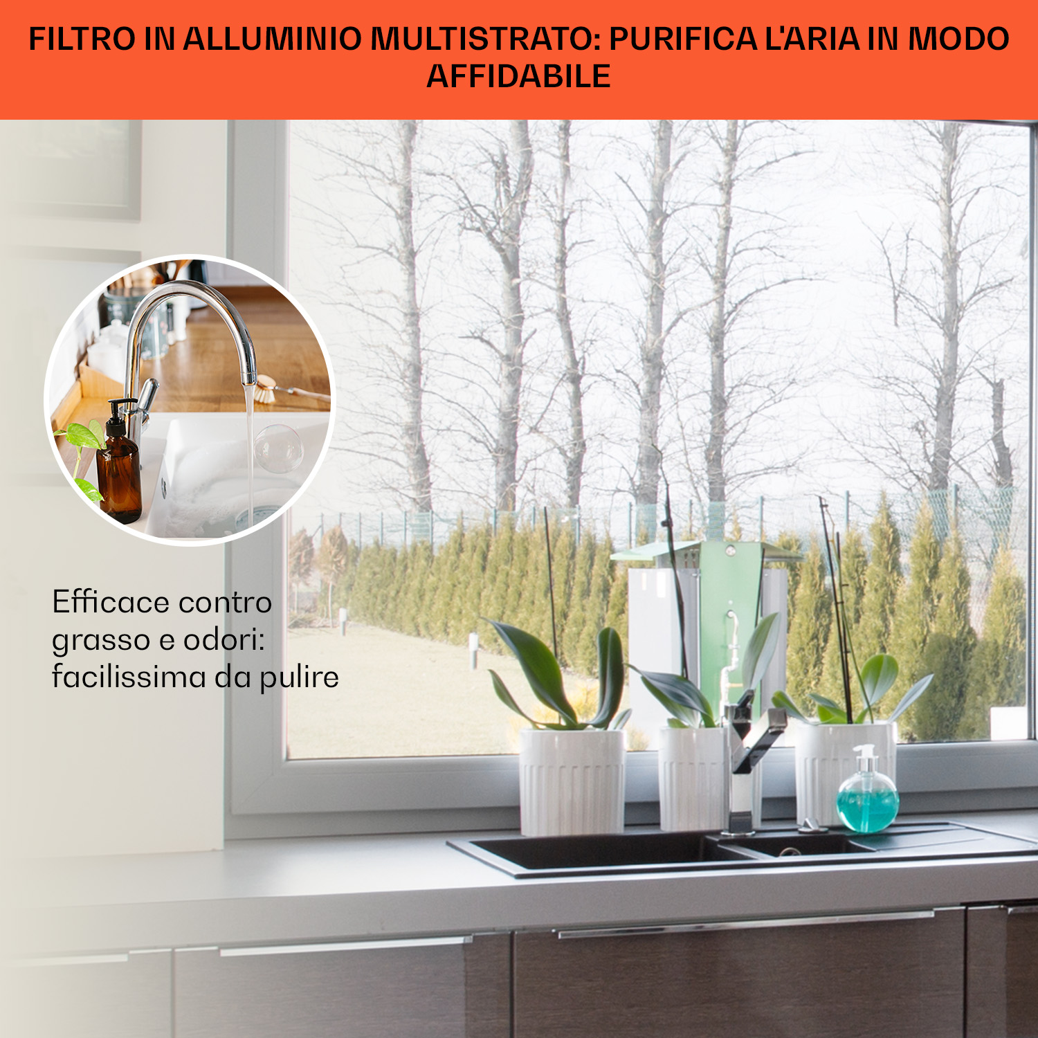 Un lavello da cucina con rubinetto, dispenser di sapone e piante davanti a una finestra.