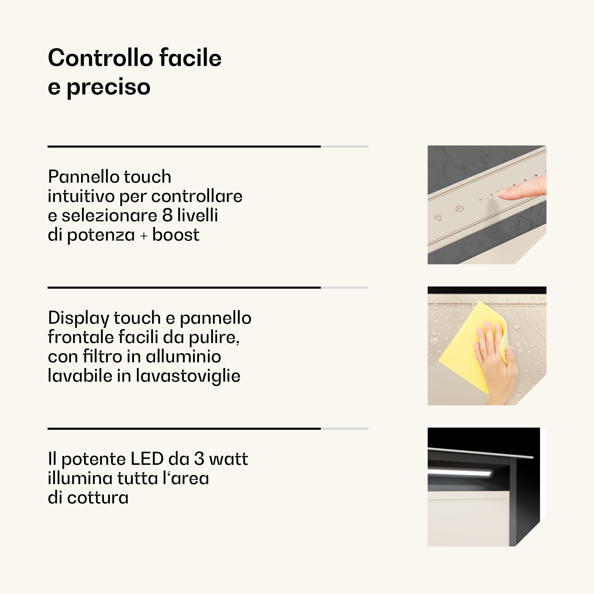Un dito tocca un pannello di controllo piano cottura. Mano pulisce piano cottura con panno giallo. Luce sottopensile sopra piano cottura.