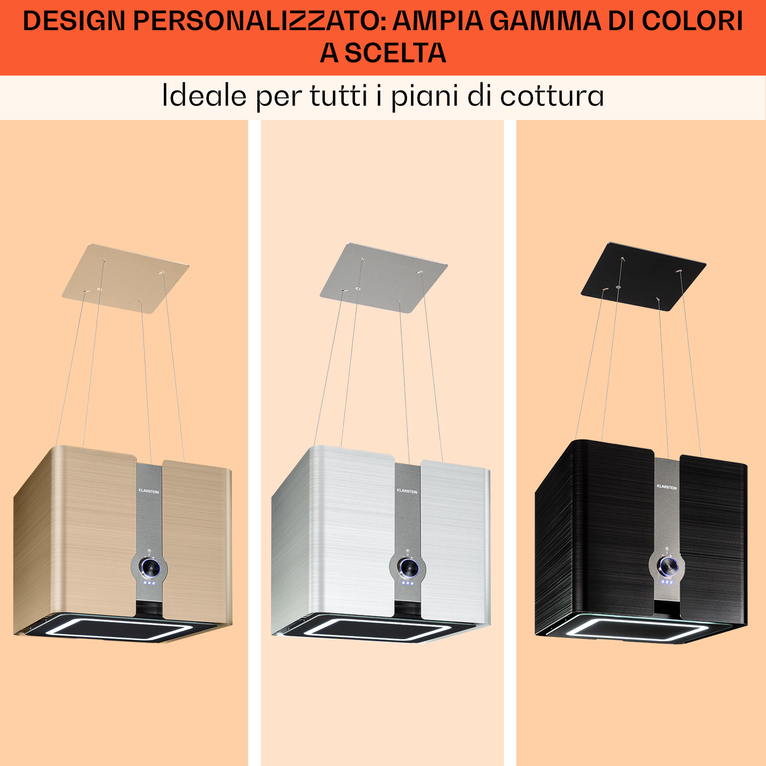 Tre cappe da cucina affiancate in oro, argento e nero.