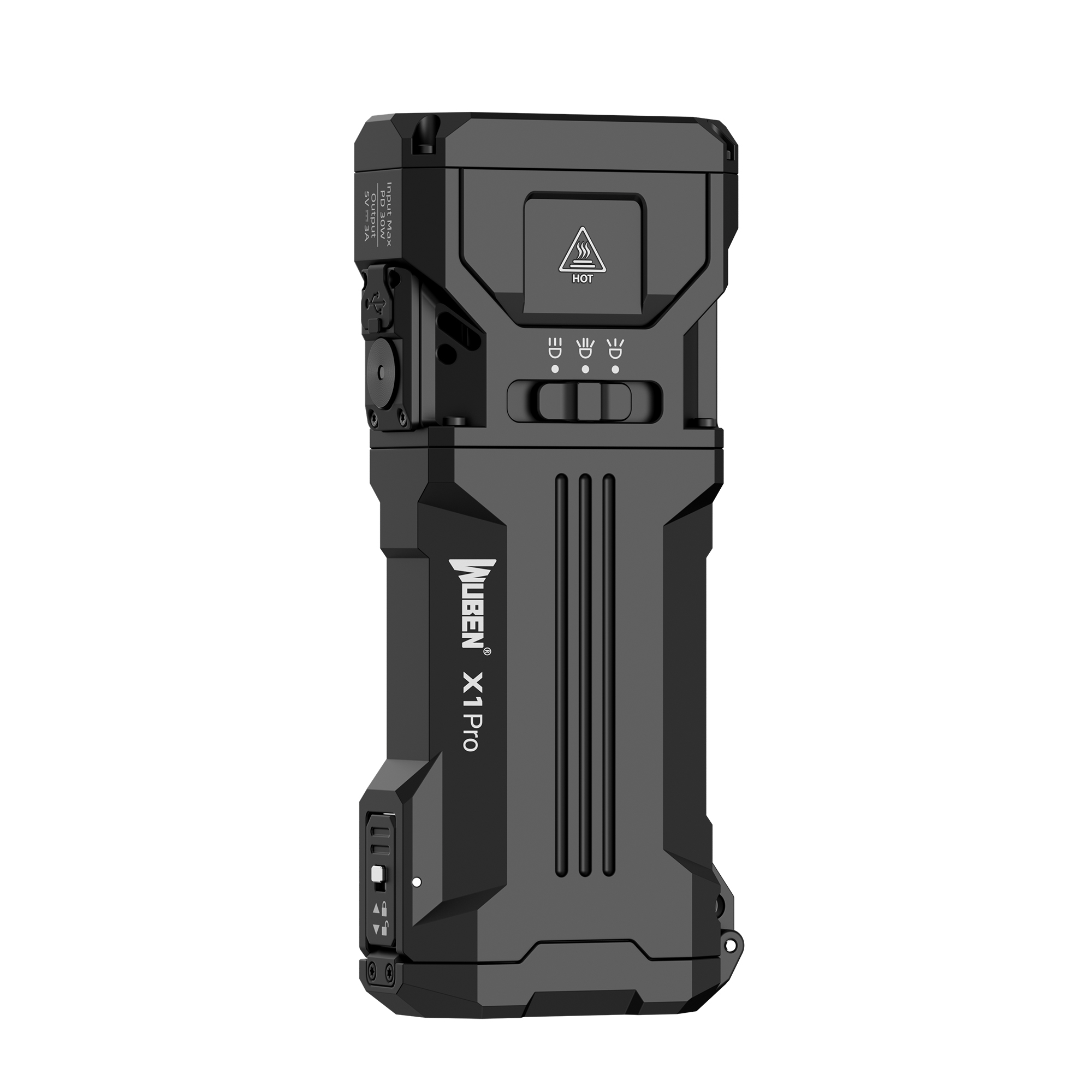 Schwarze WUBEN X1 Pro Taschenlampe mit Hot-Symbol und Bedienelementen.