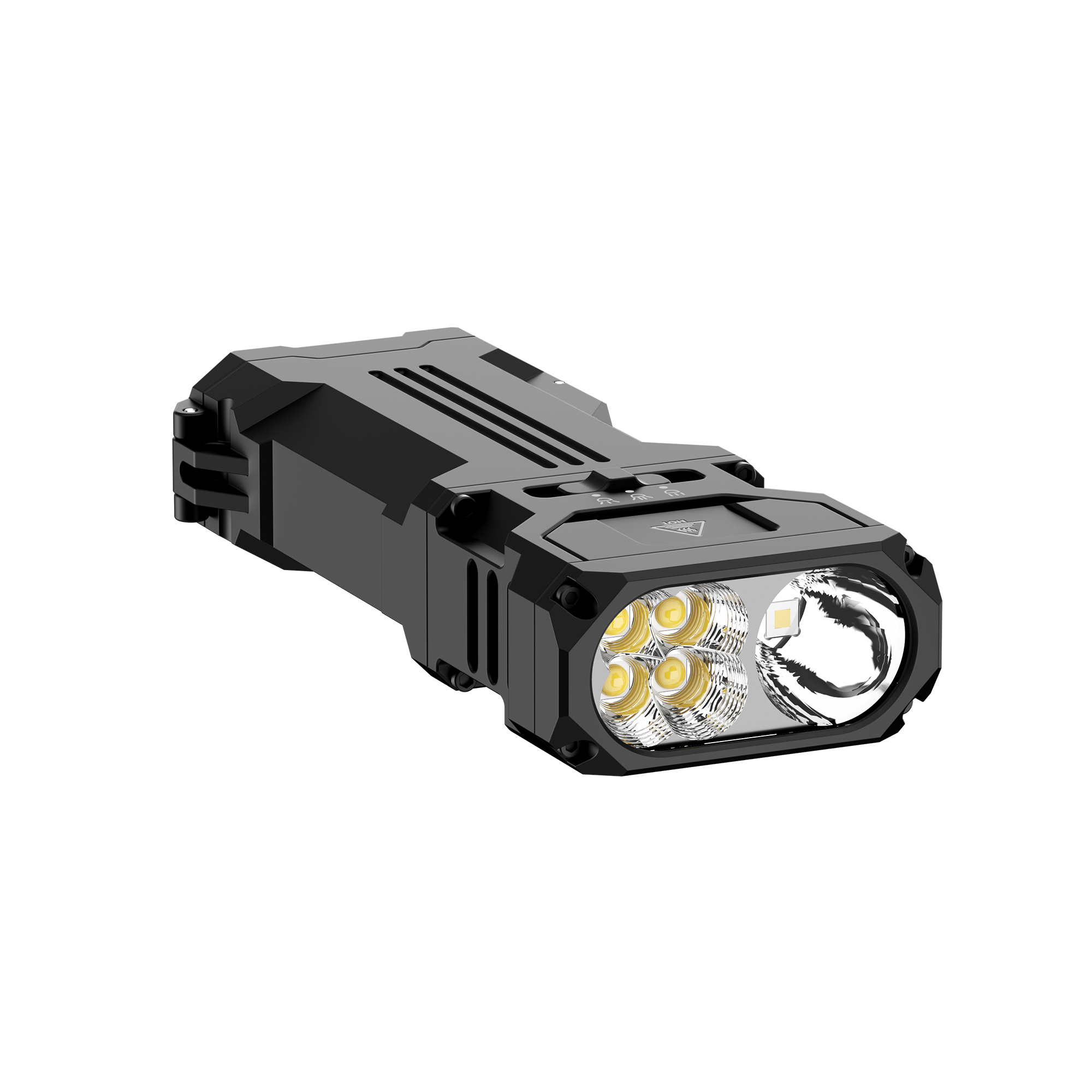 Schwarze taktische Taschenlampe mit mehreren LEDs und einem reflektierenden Reflektor.