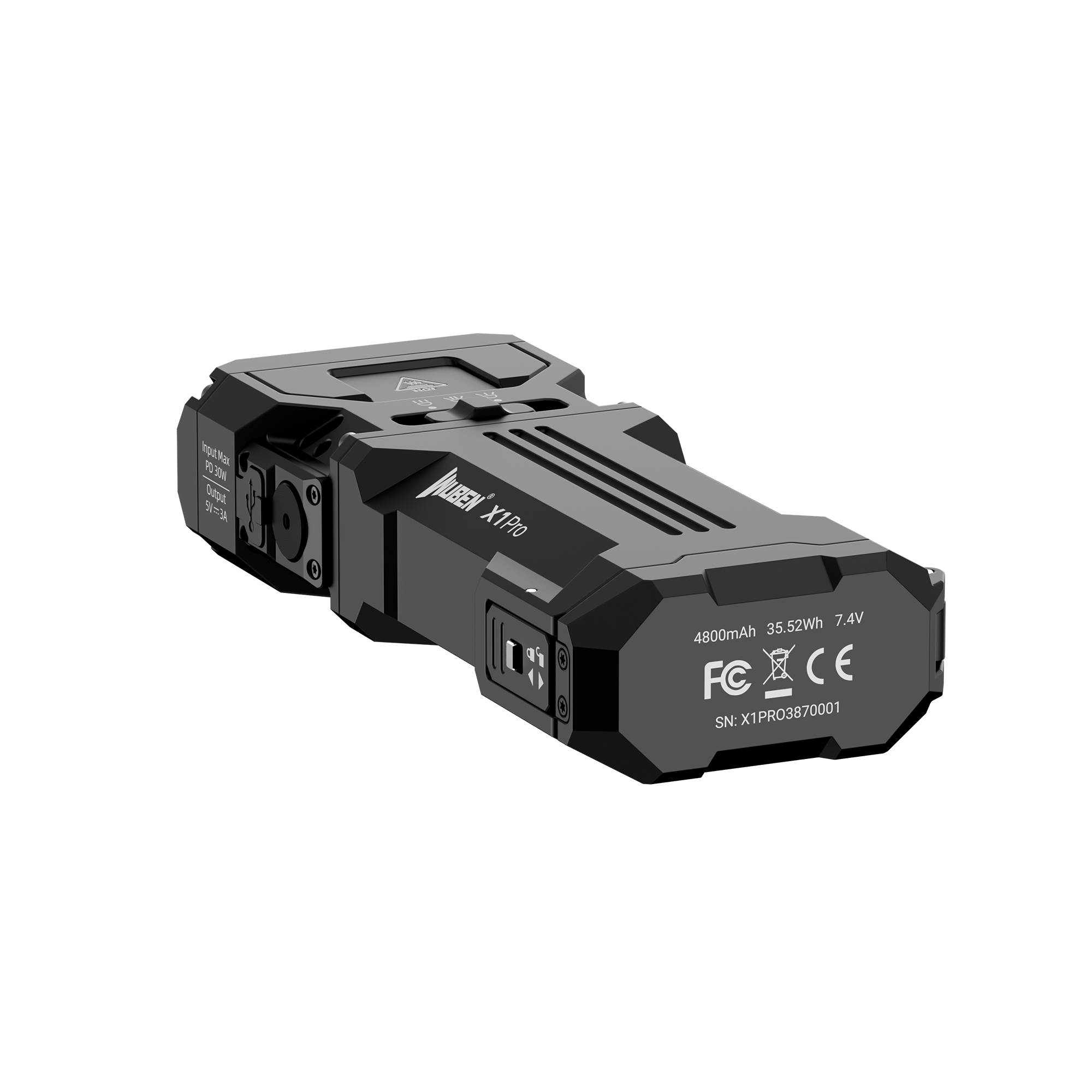 Schwarzer NUBEN X1Pro mit Beschriftungen, 4800mAh, 35.52Wh, 7.4V.