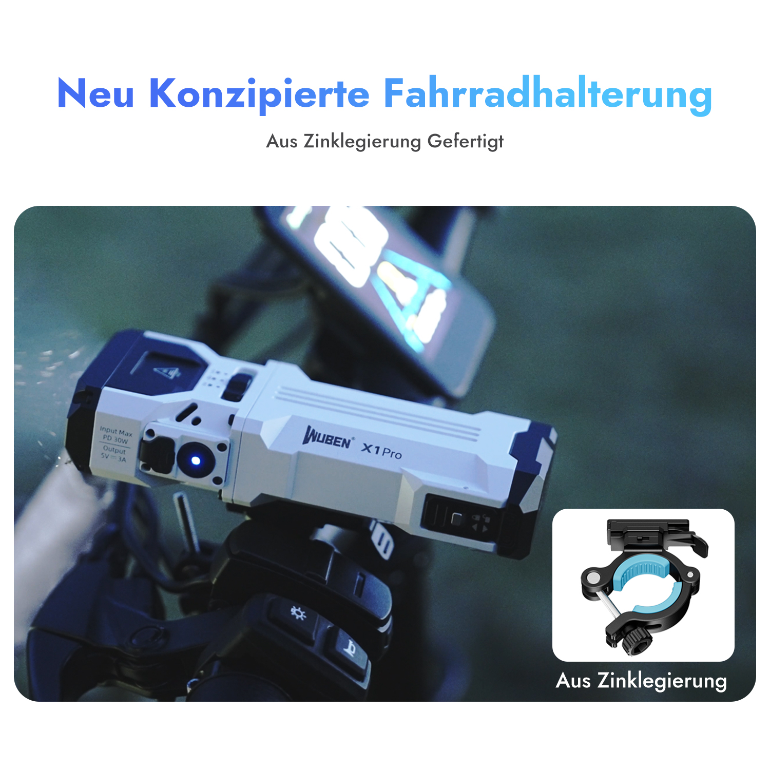 Weiße Fahrradhalterung mit blauem Ring und schwarzem Klemmmechanismus.