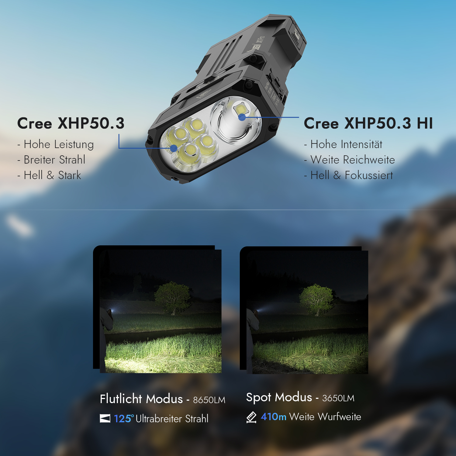 Taktische Taschenlampe mit CREE XHP50.3 Dioden, Flutlicht & Spot Modus.