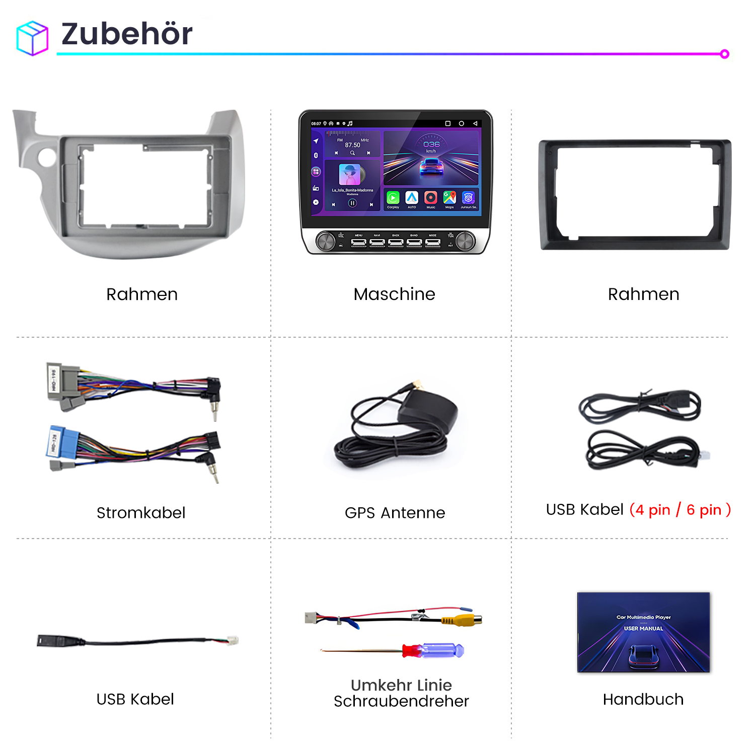 Grauer und schwarzer Einbaurahmen, Autoradio, Kabel, Antenne, Schraubendreher, Handbuch.