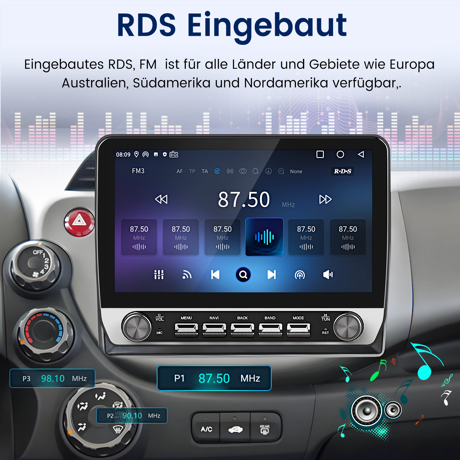 Autoradio-Bildschirm mit RDS-Anzeige, Frequenztasten und Bedienelementen.