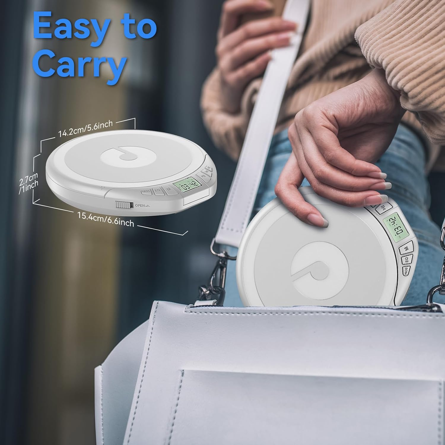 Ein weißer, tragbarer CD-Player mit Abmessungen wird gezeigt.