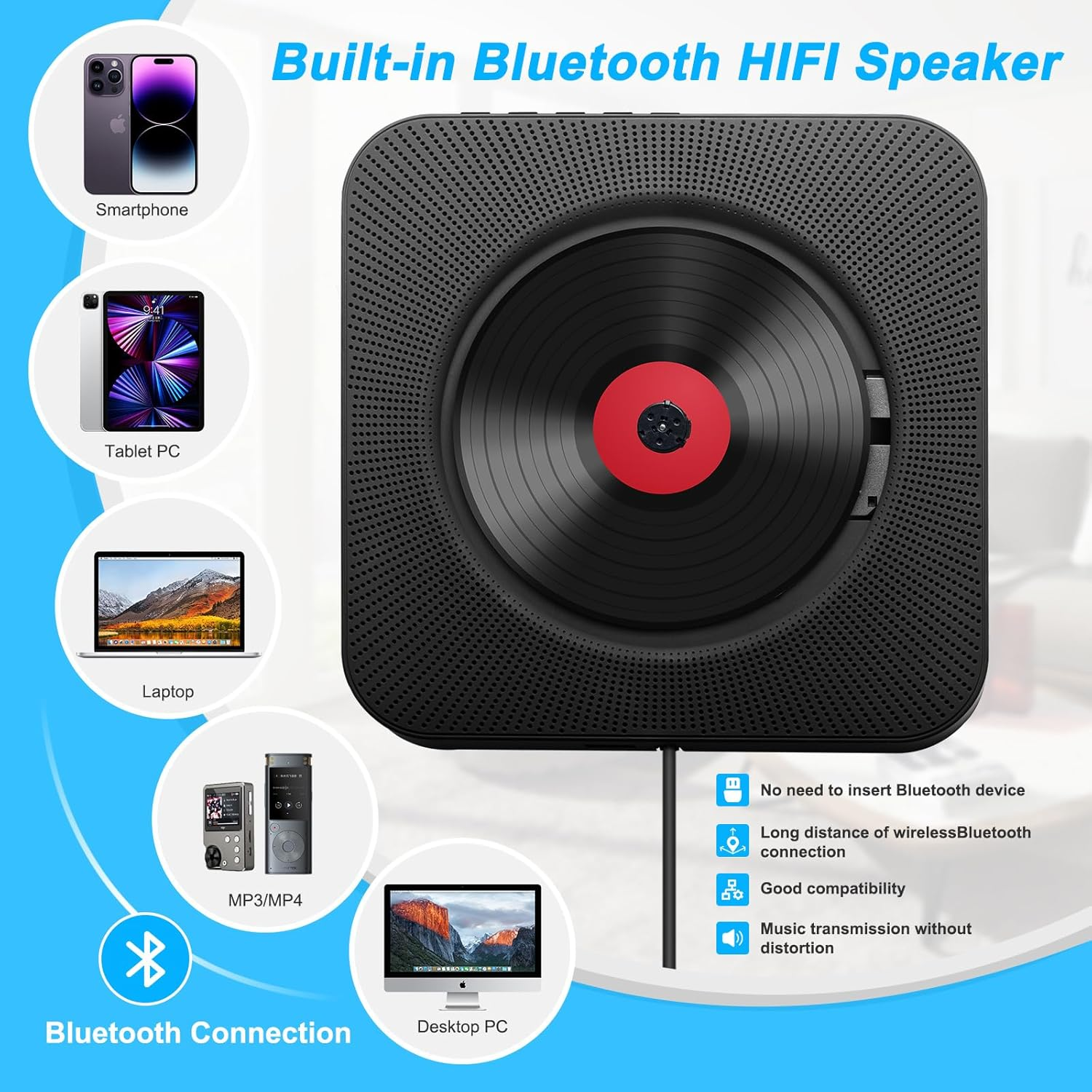 Ein runder Bluetooth-Lautsprecher mit Vinyl-Optik, verbunden mit versch. Geräten.
