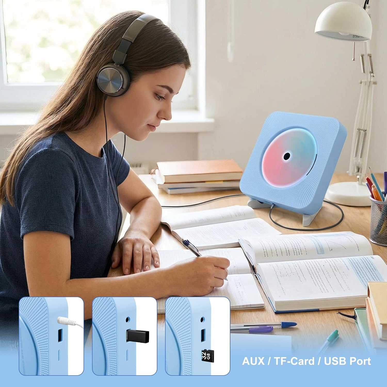 Eine Frau mit Kopfhörern lernt am Schreibtisch, ein blauer CD-Player steht daneben.