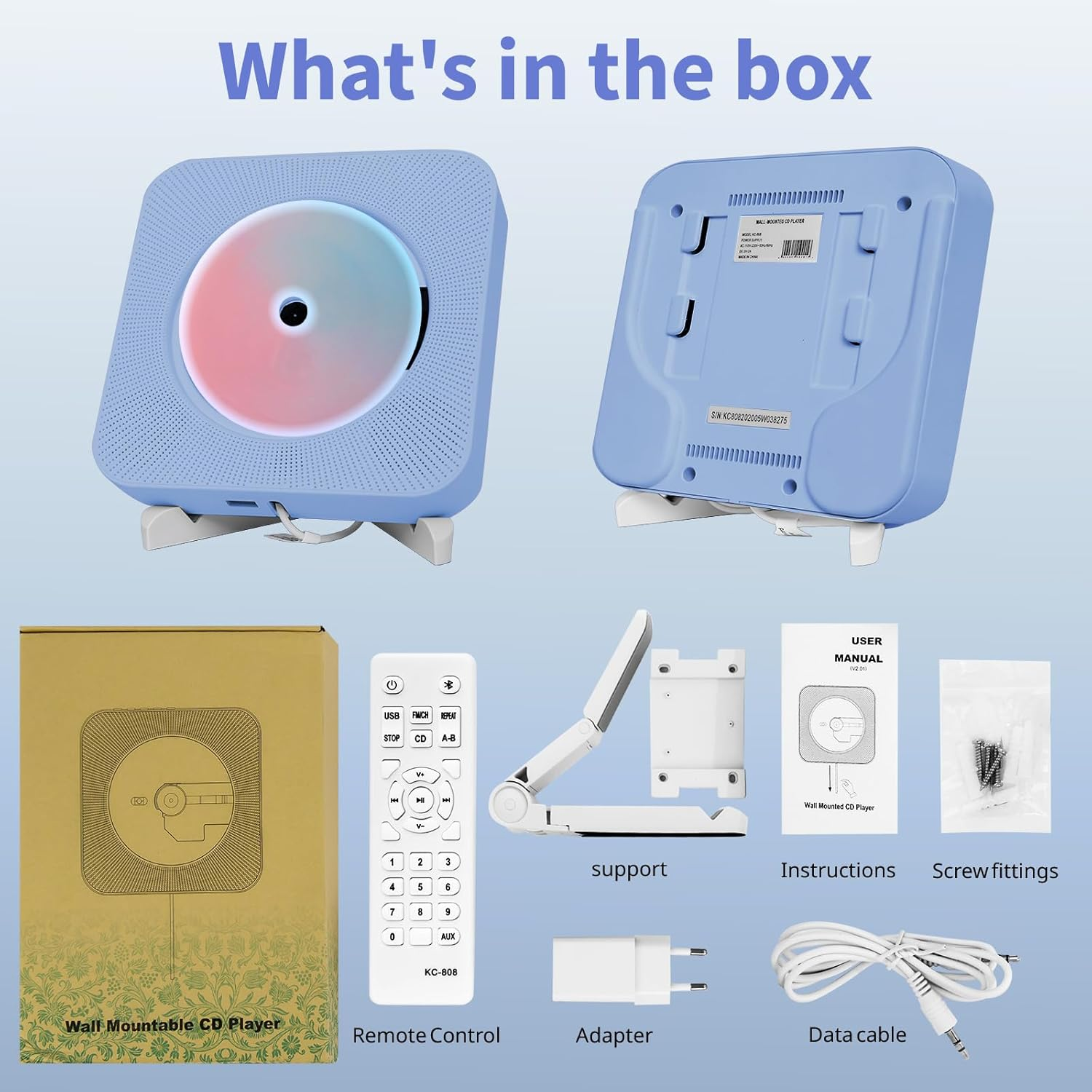Blauer CD-Player, Fernbedienung, Halterung, Kabel, Netzteil, Handbuch, Schrauben.