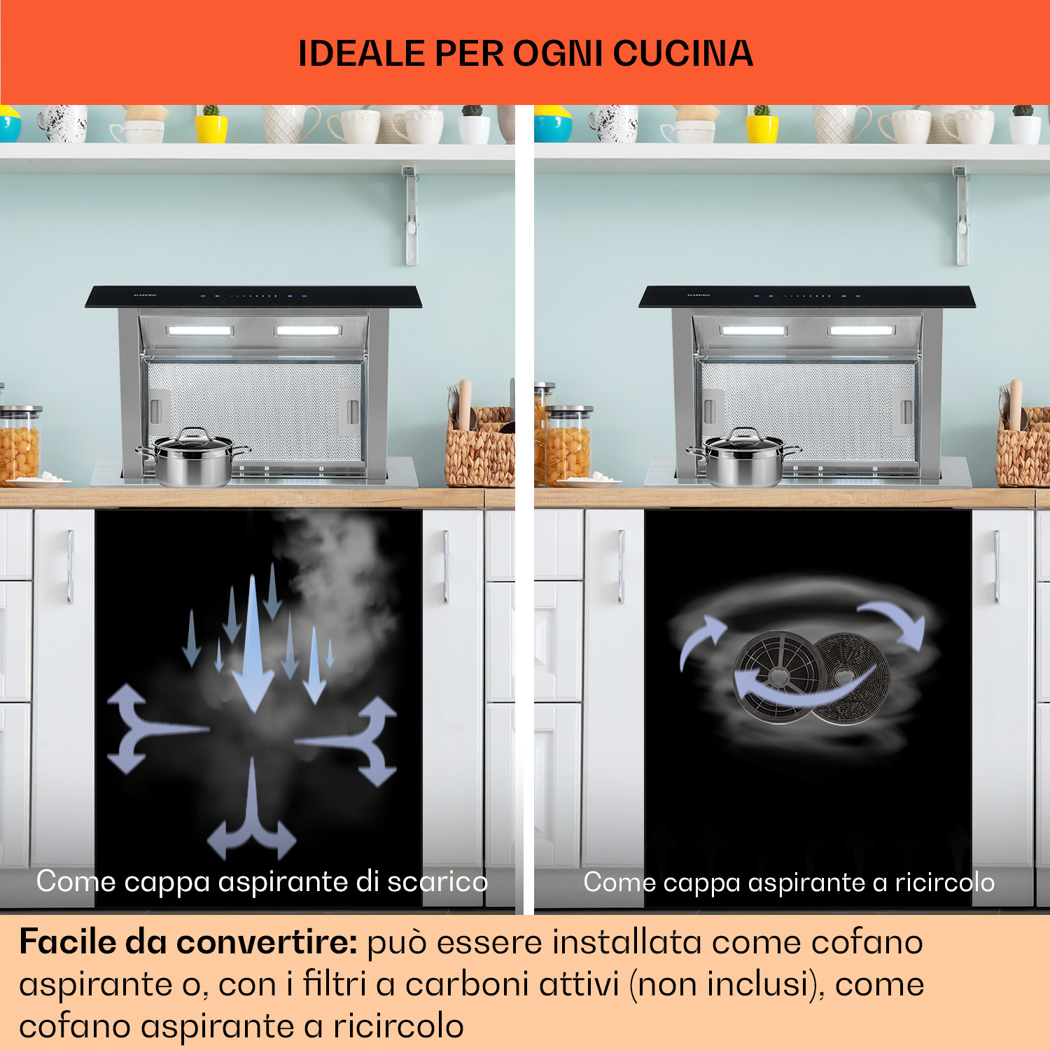 Comparaison de hottes : évacuation vs. recyclage. Facile à convertir.