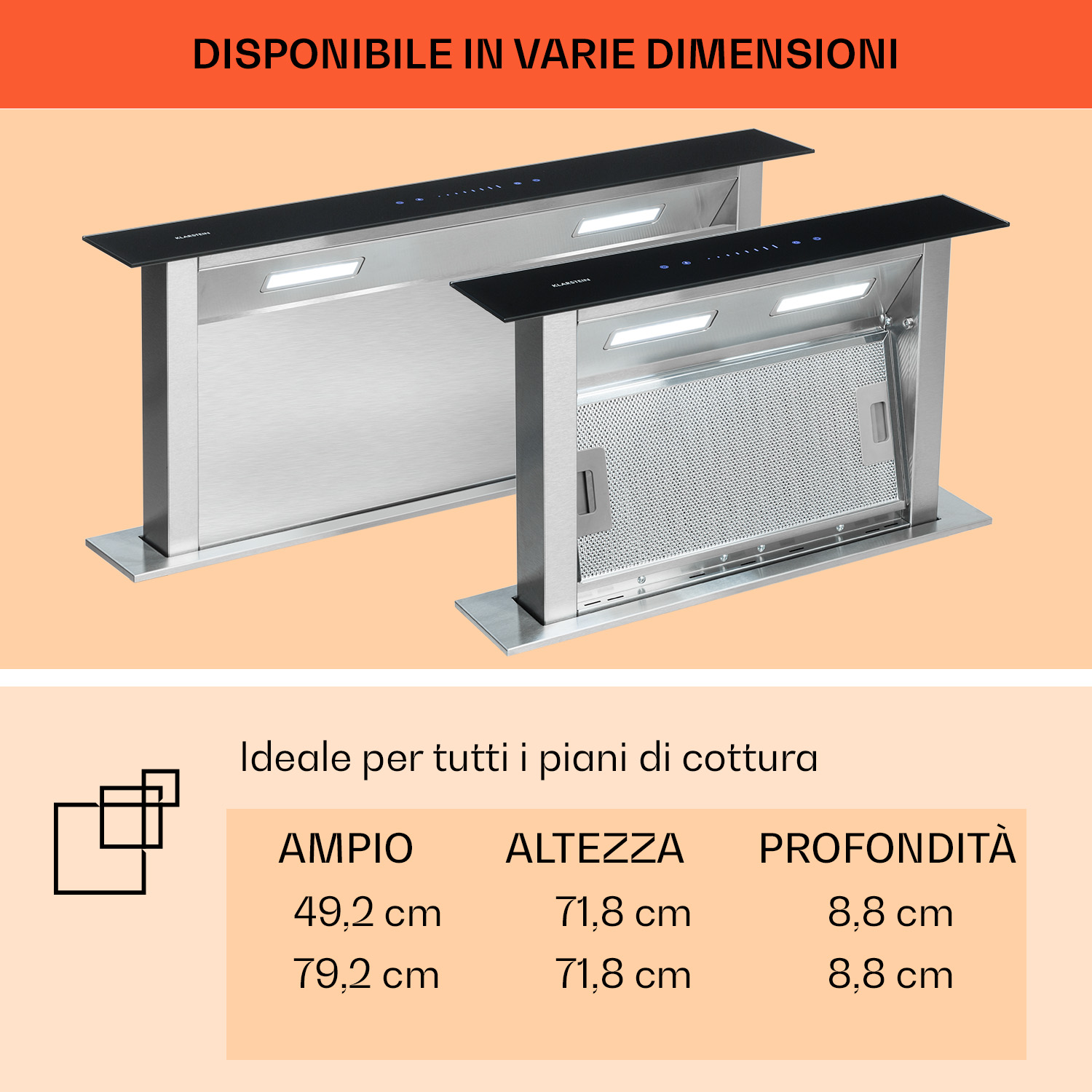 Deux hottes de cuisine en acier inoxydable de différentes tailles.