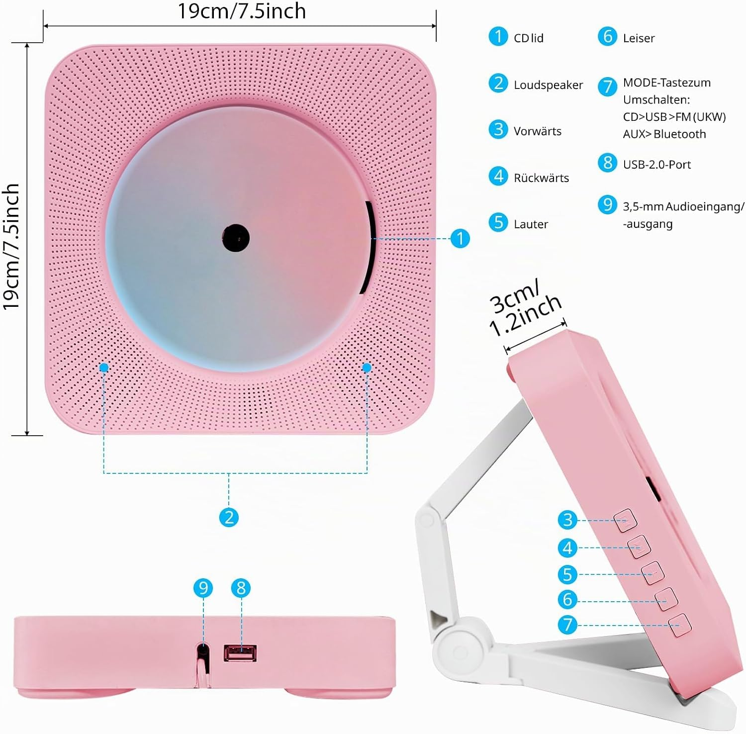 Ein rosafarbener CD-Player im Detail, mit Beschriftungen und Maßen.