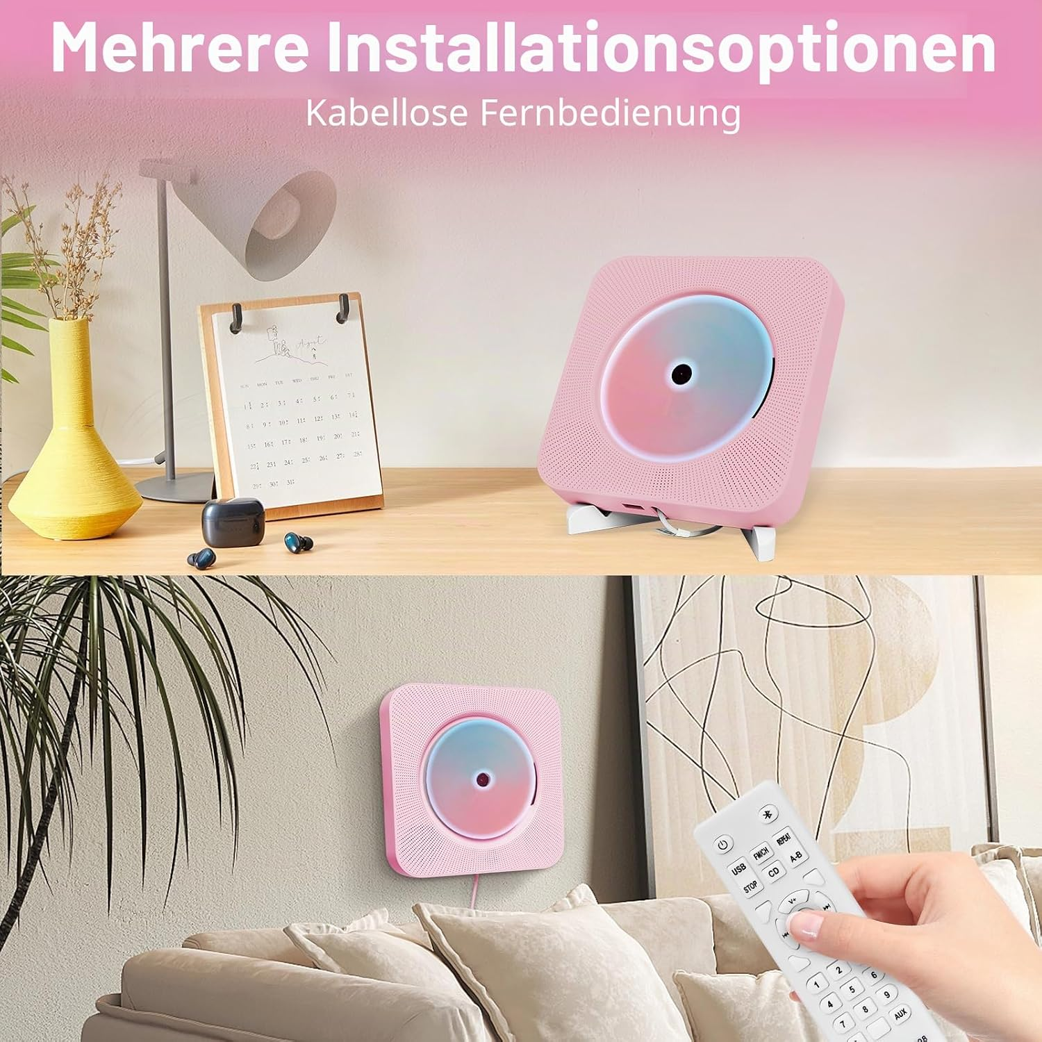 Ein rosa CD-Player hängt an der Wand, daneben eine Couch und ein Fernbedienungsbild.