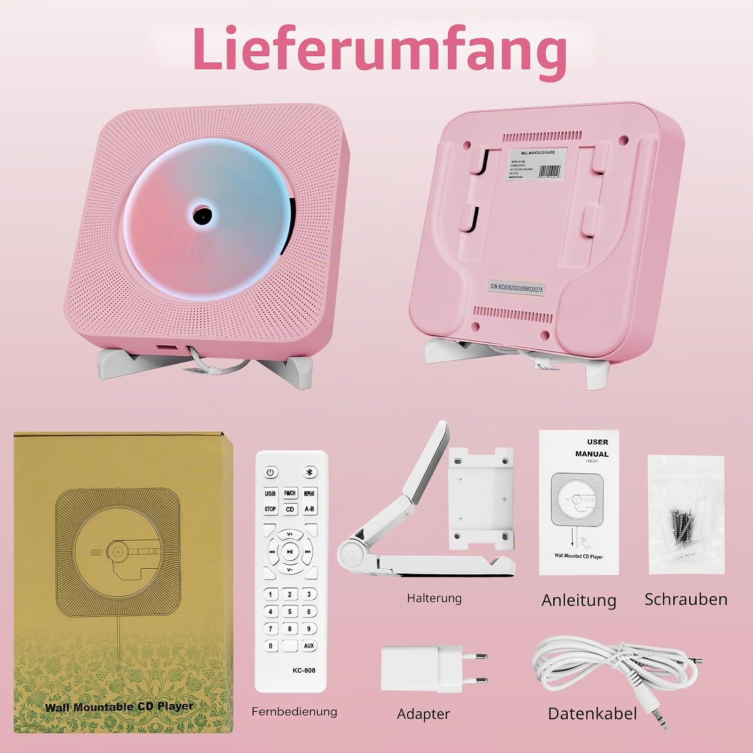 Rosa CD-Player mit Zubehör: Fernbedienung, Halterung, Anleitung, Schrauben, Adapter, Kabel.