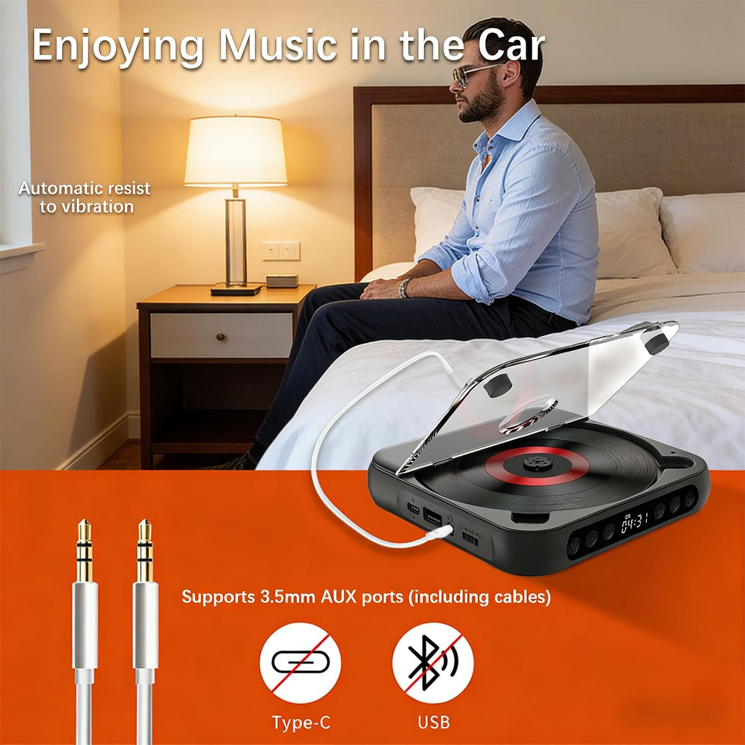 Mann im Auto hört Musik, CD-Player, AUX-Kabel und Bett im Hintergrund.