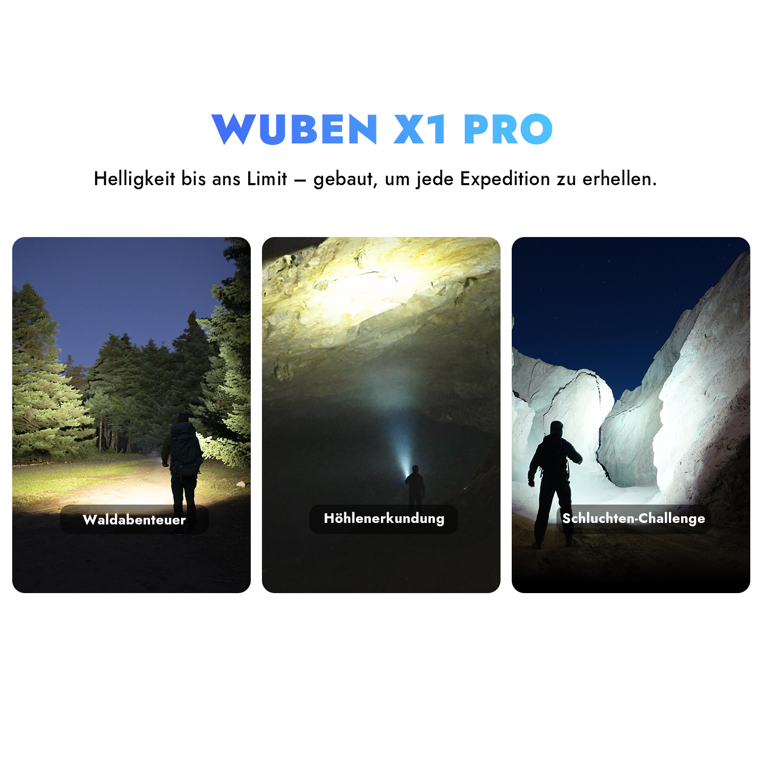 Drei Szenen: Wald mit Taschenlampe, Höhle mit Taschenlampe, Schlucht mit Taschenlampe.