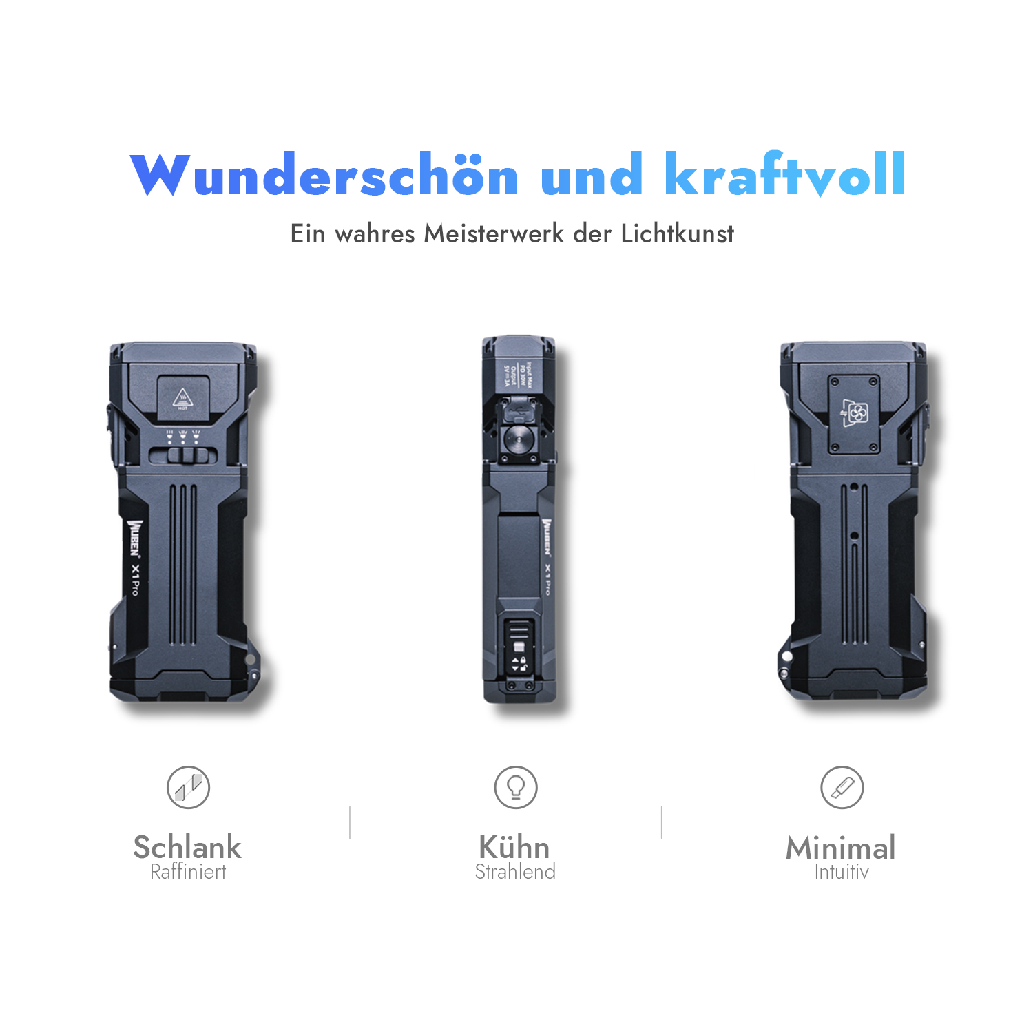 Drei schwarze Taschenlampen nebeneinander, mit Titeln: Schlank, Kühn, Minimal.
