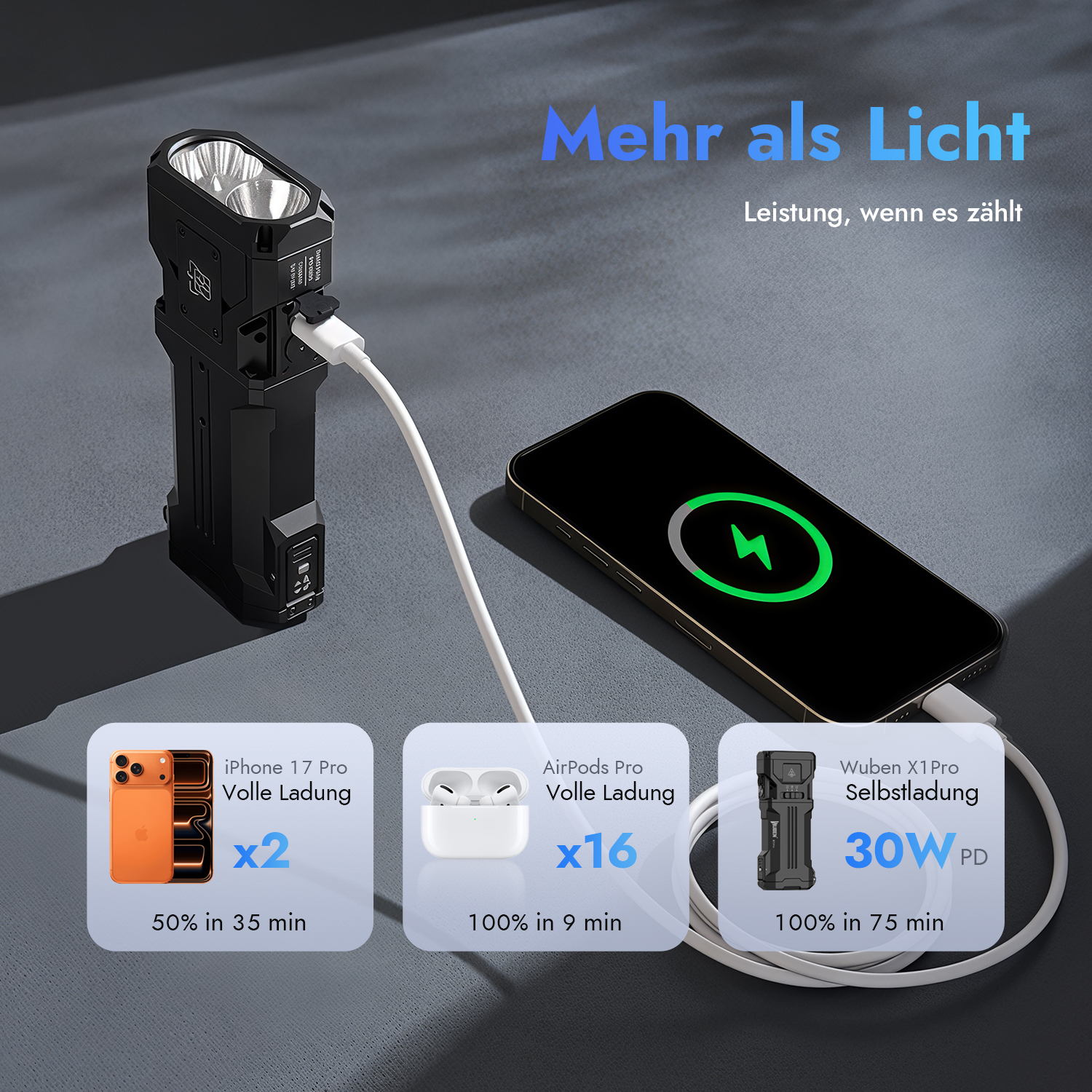 Schwarze Taschenlampe lädt ein iPhone, AirPods und sich selbst. Mehr als Licht.