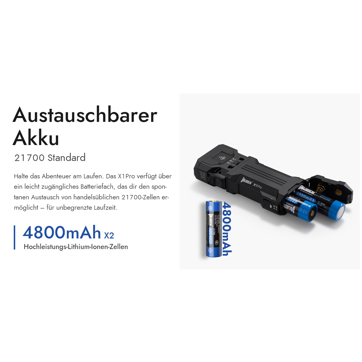 Ein schwarzer Akku mit zwei 4800mAh 21700 Batterien für eine Taschenlampe.